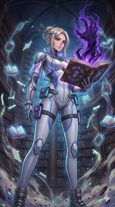 score_9, masterpiece, best quality, ultra-detailed, High-budget Anime Keyframe, beautiful Caucasian anime girl (strictly human ears). Low angle cowboy shot filling the entire 9:16 frame with her statuesque presence. Opening a forbidden grimoire from 