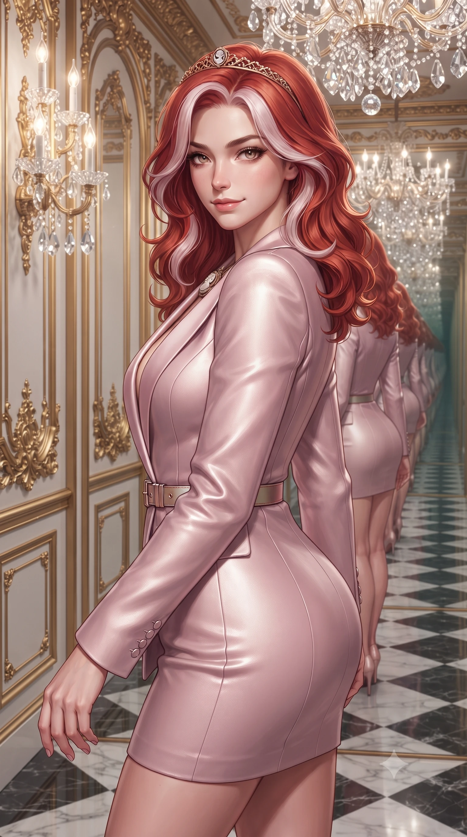 score_9, masterpiece, best quality, ultra-detailed, high-budget anime keyframe, editorial fashion photography, tasteful artistic composition, Caucasian woman. close-up cowboy shot from the waist and thighs up, the character dominates the composition, filling the frame with her large presence. turning over a bare shoulder with an intoxicating, teasing smile, her soft hair framing her sharp jawline as her hips angle gracefully while gliding down the mirror-lined corridor with supermodel momentum, pivoting gracefully as infinite reflections multiply her curvy silhouette. The surrounding environment is rendered in vivid detail and crisp panoramic clarity. sharp gilded rococo scrollwork, cut crystal chandelier facets, and checkerboard marble floor reflections in deep focus. She has an exceptionally elegant, slender, and willowy female figure with an ultra-slim waist, a gracefully sculpted slender torso, toned flat midriff, and rounded feminine hips creating an alluring hourglass silhouette. sharp v-shaped jawline, high-bridge nose, intricate jewel-like eyes with depth, thick eyelashes, glossy parted lips with a natural sheen, intensely captivating and seductive bedroom-eyes expression, flawlessly proportioned anatomical accuracy, strict slender model proportions, natural body alignment, perfectly sculpted long slender limbs, ultra-slim waistline, clean dynamic posture without body distortion. wearing a tailored pastel tuxedo jacket dress with silk satin lapels and a slim gold-buckle belt in antique rose gold and shimmering silver, crafted from second-skin supple lambskin leather with specular sheen, complemented by a delicate golden tiara headband and carved cameo pendant, the second-skin form-contouring cut accentuating her sculpted flat midriff, narrow waistline, and dramatically curvy hips without adding bulk. illuminated by crisp specular highlights defining her bare clavicle, ultra-slim waistline, and curvaceous hips. ultra-reflective glossy finish, specular highlights, rich textural contrasts, high-contrast stereoscopic depth, volumetric dynamic lighting, 2k, ultra detail, master piece, 9:16 ratio