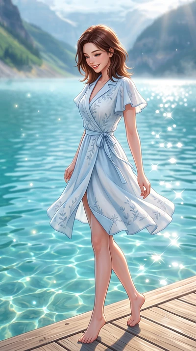 score_9, masterpiece, best quality, ultra-detailed, high-budget anime keyframe, semi-realistic 3D game render, editorial fashion photography, tasteful artistic composition, Korean woman. low angle full-body shot from head to toe showing her feet, fil