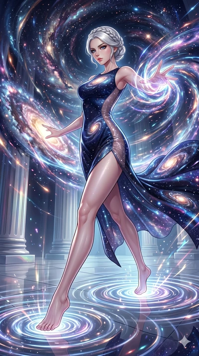 score_9, masterpiece, best quality, ultra-detailed, Set A: High-budget Anime Keyframe, Korean woman. Low angle cowboy shot filling the entire 9:16 frame with her statuesque presence. Theme: Abstract Cosmic. unleashing a massive energy wave in a templ