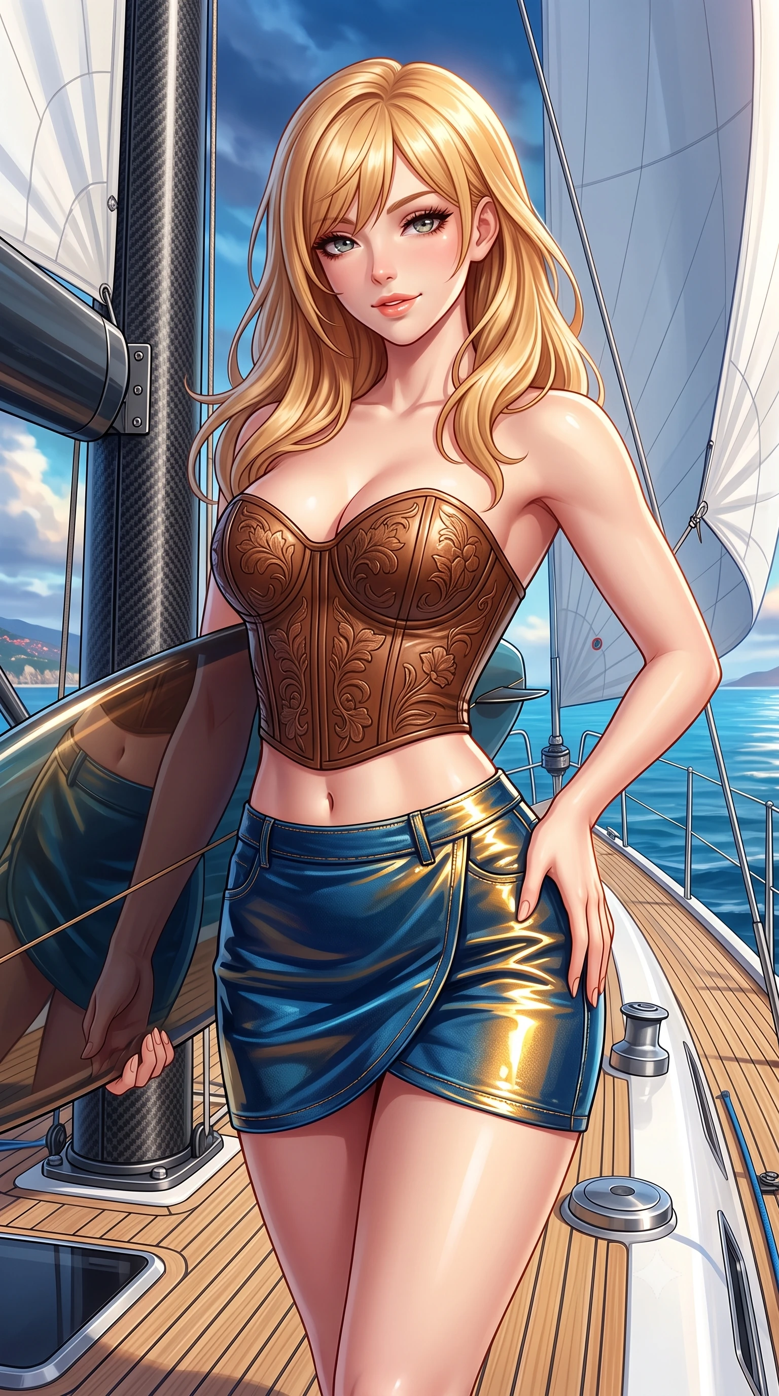 score_9, masterpiece, best quality, ultra-detailed, high-budget anime keyframe, semi-realistic 3D game render, editorial fashion photography, tasteful artistic composition, Caucasian woman. close-up cowboy shot from the waist and thighs up, the character dominates the composition, filling the frame with her large presence. tilting her head with a teasing half-smile, running one hand slowly down the side of her hip in a flirtatious S-curve as ambient light caresses her silhouette while twisting her slender torso in an alluring S-curve, billowing white spinnaker sail casting soft shadow gradients across her curves. The surrounding environment is rendered in vivid detail and crisp panoramic clarity: sharp teak caulking seams, carbon-fiber mast weave, and polished titanium deck hardware in deep focus. She has an exceptionally elegant, slender, and willowy female figure with an ultra-slim waist, flat toned midriff, narrow ribcage, and sculpted feminine hips creating an alluring, slim hourglass silhouette without bulk. sharp v-shaped jawline, high-bridge nose, sparkling eyes with hypnotic seductive depth, thick curled eyelashes, glossy parted lips with a natural dewy peach sheen, alluring bedroom-eyes with an enchanting coquettish smile, exuding magnetic siren charisma and sophisticated glamour, flawlessly proportioned anatomical accuracy, strict slender model proportions, natural body alignment, perfectly sculpted long slender limbs, ultra-slim waistline, clean dynamic posture without body distortion. wearing a structured boned leatherette corset bodice with western floral tooling paired with a micro-wrap denim skirt in molten liquid gold and deep ocean sapphire, crafted from wet-look high-gloss vinyl fabric with dazzling specular surface reflections, accented with a custom high-gloss tinted surfboard held lightly with one hand, the second-skin tailored fabric adhering flawlessly to her sculpted flat midriff and slender torso, emphasizing her long leg lines and perfectly proportioned willowy build. illuminated by sea spray bounce and sharp platinum rim lights defining her delicate clavicles, ultra-slim waist, and curvy hips. highly saturated vibrant anime colors, detailed shading with soft gradients, rich glossy textures, high-contrast stereoscopic depth, volumetric dynamic lighting, master piece, 9:16 ratio