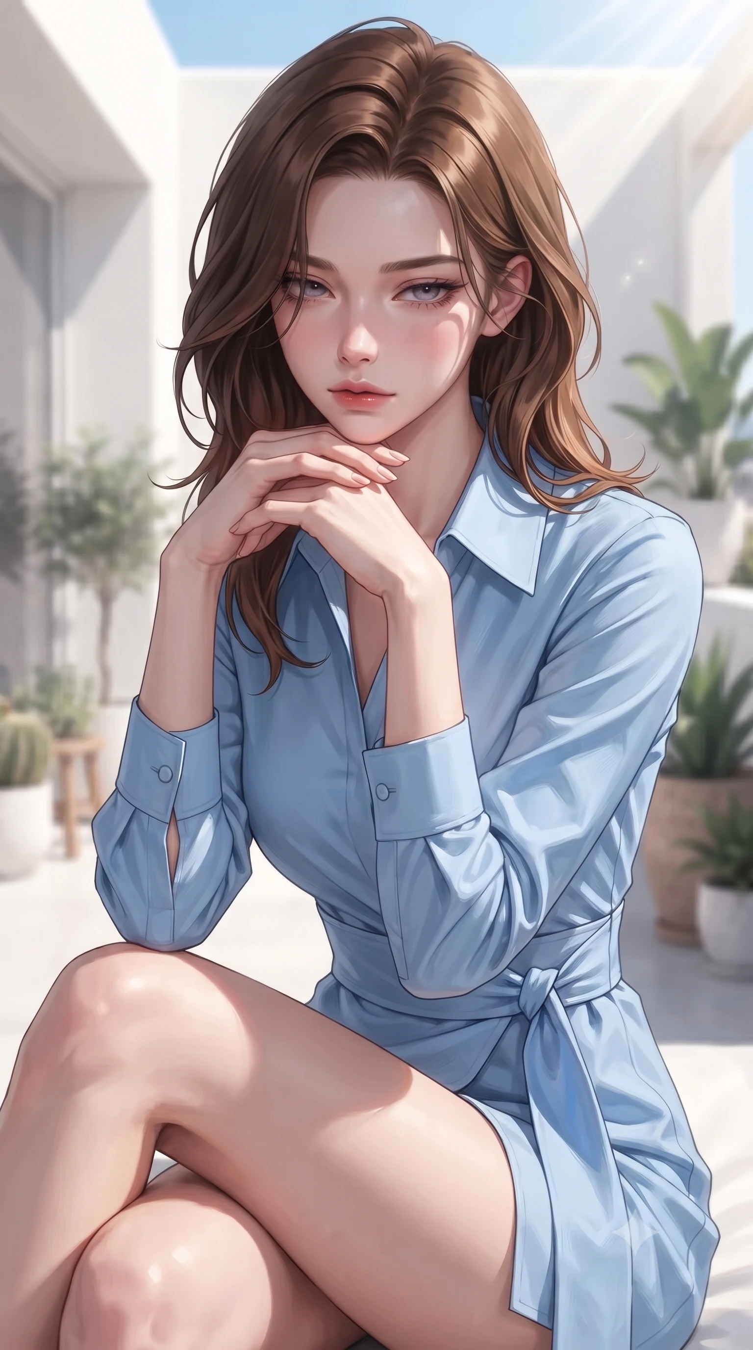 score_9, masterpiece, best quality, ultra-detailed, high-budget anime keyframe, editorial fashion photography, tasteful artistic composition, Korean woman woman. close-up cowboy shot from the waist and thighs up, the character dominates the composition, filling the frame with her large presence, background elements kept in soft focus. resting her chin on the backs of her fingers, casting a heavy-lidded, sultry look past the camera the background shows a soft-focus a white-walled minimal villa suite with a private terrace and potted plants. She has an exceptionally elegant, slender, and willowy female figure with an ultra-slim waist, a gracefully sculpted slender torso, and a refined silhouette. sharp v-shaped jawline, high-bridge nose, intricate jewel-like eyes with depth, thick eyelashes, glossy lips with a natural sheen. wearing a form-contouring tailored cotton wrap shirt dress in sky blue with a neat collar and structured waist tie. bright morning sun rays creating fresh and energetic shadows. ultra-reflective glossy finish, specular highlights, metallic sheen, high-contrast stereoscopic depth, volumetric dynamic lighting, 2k, ultra detail, master piece, 9:16 ratio