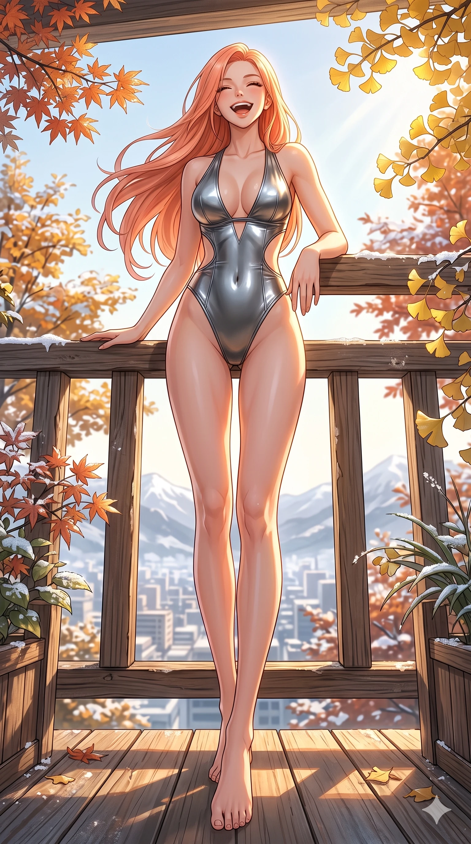 score_9, masterpiece, best quality, ultra-detailed, high-budget anime keyframe, vibrant anime aesthetic, Japanese woman. low angle full-body shot from head to toe showing her feet, filling the entire 9:16 vertical frame with her statuesque presence, stretching her vertical silhouette. She is leaning against a cabin rail, laughing happily in the morning winter sunshine on a sun-drenched penthouse garden balcony in autumn (Code-P21-056). She has an absolutely perfect 8-heads proportion, an exceptionally tall and slender female figure with impossibly long slender legs and an ultra-slim waist. V-shaped jawline, high-bridge nose, intricate jewel-like eyes with depth, thick eyelashes, glossy lips with a natural sheen. wearing a metallic bodysuit with exposed waist and plunging neckline for winter. She is bathed in soft sun-kissed golden rays, creating beautiful highlights and shadows in winter. 2k, ultra detail, master piece, 9:16 ratio