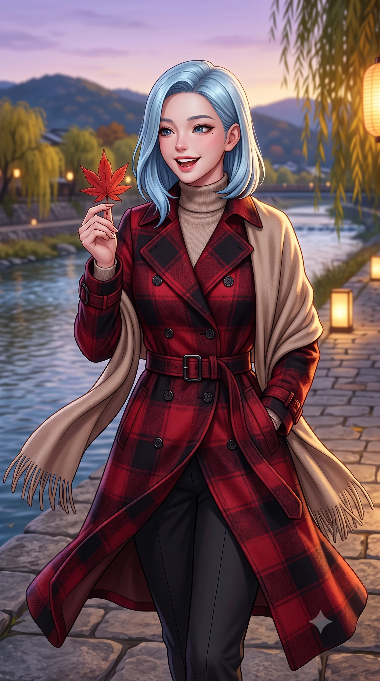 score_9, masterpiece, best quality, ultra-detailed, high-budget anime keyframe, semi-realistic 3D game render, editorial fashion photography, tasteful artistic composition, Korean woman. close-up cowboy shot from the waist and thighs up, the character dominates the composition, filling the frame with her large presence. holding a single autumn leaf delicately between manicured fingers, admiring it with a cheerful, parted-lip smile while walking along the riverside stone promenade with poised strides, her wool coat billowing softly in the river current breeze. The background shows a soft-focus clear flowing Kamogawa river waters, weeping willow trees turning gold along riverbanks, and distant Higashiyama hills blurred into indigo, golden olive, and slate bokeh. She has an exceptionally elegant, slender, and willowy female figure with an ultra-slim waist, flat toned midriff, narrow ribcage, and sculpted feminine hips creating an alluring, slim hourglass silhouette without bulk. sharp v-shaped jawline, high-bridge nose, intricate jewel-like sparkling eyes with depth, thick eyelashes, glossy parted lips with a natural peach sheen, bright cheerful beaming smile with an enchanting and coquettish sensual glint, exuding both youthful cute charm and seductive allure, flawlessly proportioned anatomical accuracy, strict slender model proportions, natural body alignment, perfectly sculpted long slender limbs, ultra-slim waistline, clean dynamic posture without body distortion. wearing a classic double-breasted trench coat with a cinched waist belt worn over a fine-knit cashmere turtleneck and tailored trousers in Kyoto autumn maple crimson and deep ink black, made of luxurious brushed wool flannel with rich textural depth and clean structure, accented with a wide brushed cashmere fringe scarf draped elegantly over one shoulder, the structured cinched belt emphasizing her narrow waistline and gracefully balanced proportions with timeless haute-couture polish. bathed in the soft purple-gold twilight glow of autumn sunset over the Higashiyama mountains mixed with warm paper lantern lights. highly saturated vibrant anime colors, detailed shading with soft gradients, rich glossy textures, high-contrast stereoscopic depth, volumetric dynamic lighting, master piece, 9:16 ratio