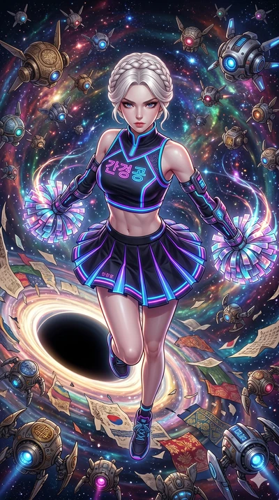 score_9, masterpiece, best quality, ultra-detailed, Set A: High-budget Anime Keyframe, Korean woman. Upper body close-up from the thighs up, character filling the screen for maximum presence. Theme: Historical Remix. shattering the fabric of reality 