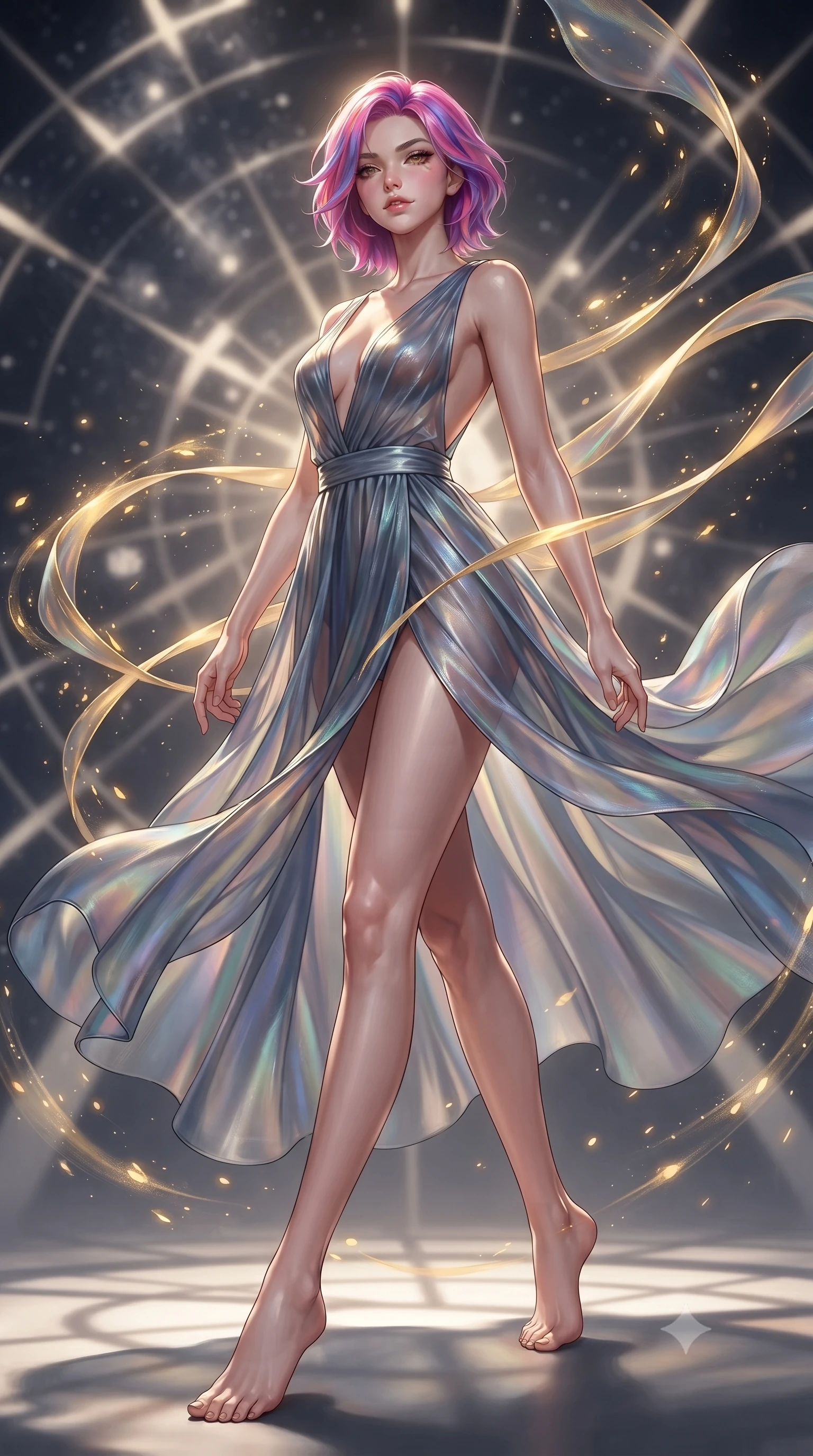 score_9, masterpiece, best quality, ultra-detailed, high-budget anime keyframe, editorial fashion photography, tasteful artistic composition, Caucasian woman. low angle full-body shot from head to toe showing her feet, filling the entire 9:16 vertical frame with her statuesque presence, stretching her vertical silhouette. stepping forward in a proud dynamic stride, her vertical silhouette filling the frame with statuesque presence while pivoting sharply with a dynamic waist tilt as golden solar flare ribbons swirl around her, glowing solar pollen particles drifting in rapid swirling currents nearby. She has an absolutely perfect, statuesque 8.5-heads proportion, an exceptionally tall and slender model-like female figure with impossibly long slender legs and an ultra-slim waist. sharp v-shaped jawline, high-bridge nose, intricate jewel-like eyes with depth, thick eyelashes, glossy lips with a natural sheen, flawlessly proportioned anatomical accuracy, natural body alignment, perfectly sculpted elegant limbs, clean dynamic posture without body distortion. wearing a translucent iridescent chiffon gown with a plunging neckline and open back in slate blue and metallic silver, crafted from iridescent chiffon that shifts colors in the light, accented with a Tasteful chest slit framing her clavicle gracefully, the elegant draped fit framing her graceful clavicle and slender torso. illuminated by a majestic golden key light casting sharp dynamic shadow grids. ultra-reflective glossy finish, specular highlights, metallic sheen, high-contrast stereoscopic depth, volumetric dynamic lighting, 2k, ultra detail, master piece, 9:16 ratio