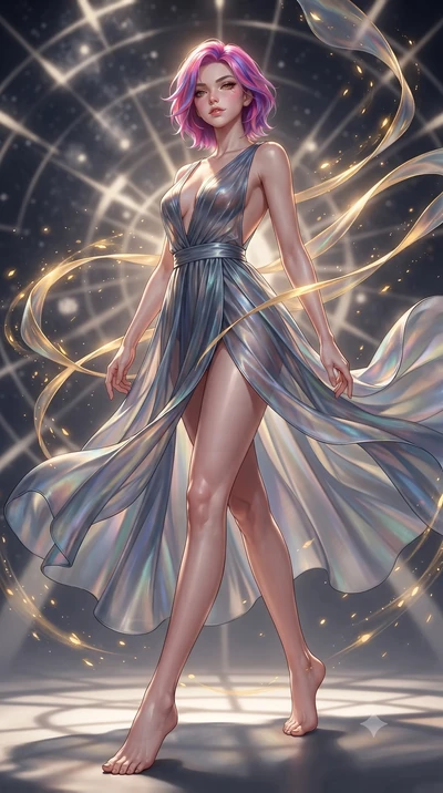 score_9, masterpiece, best quality, ultra-detailed, high-budget anime keyframe, editorial fashion photography, tasteful artistic composition, Caucasian woman. low angle full-body shot from head to toe showing her feet, filling the entire 9:16 vertica