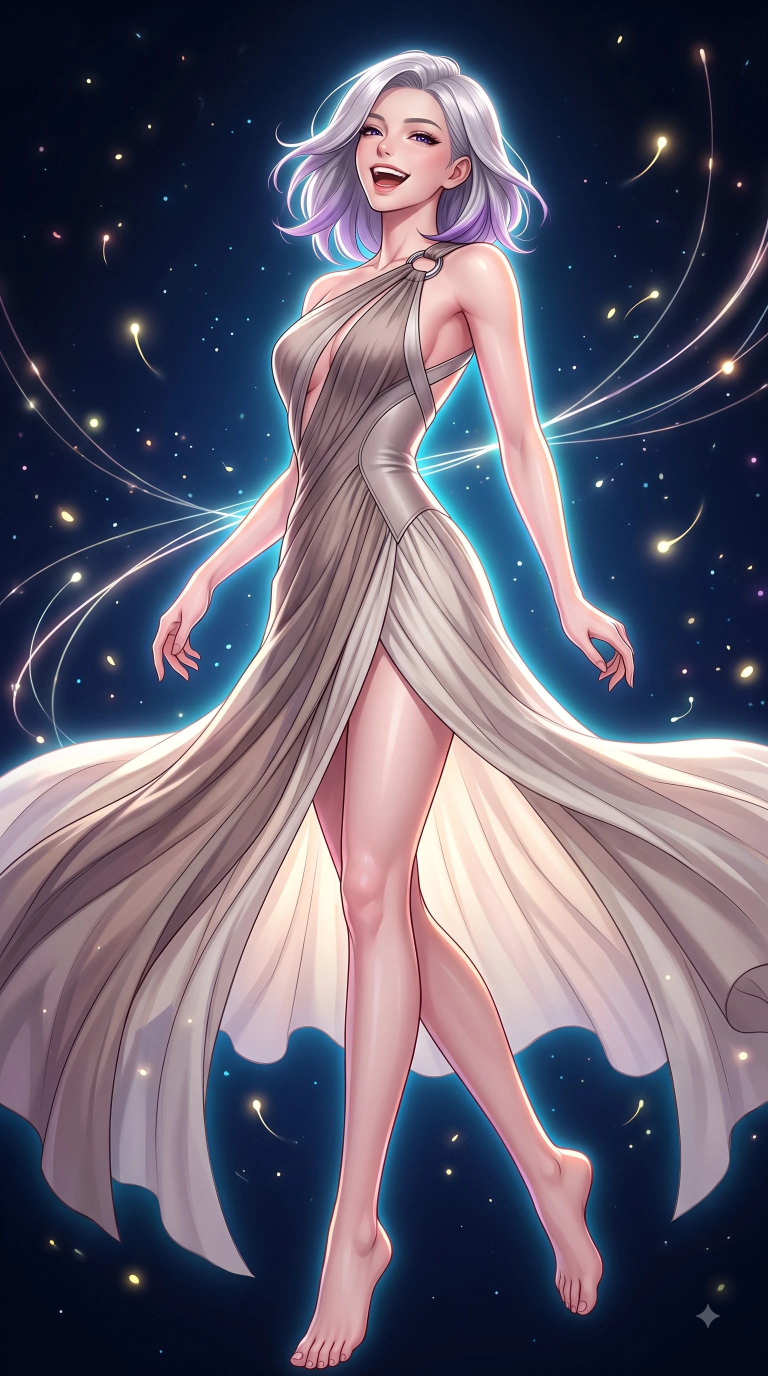 score_9, masterpiece, best quality, ultra-detailed, high-budget anime keyframe, editorial fashion photography, tasteful artistic composition, Caucasian woman. low angle full-body shot from head to toe showing her feet, filling the entire 9:16 vertical frame with her statuesque presence, stretching her vertical silhouette. pivoting dynamically in zero-gravity with a delighted laughing expression, displaying her perfect model proportions while pivoting her torso in a dynamic S-curve alignment as light threads pulse with happiness, glowing fiber optic motes drifting like fireflies in the cheerful background. She has an absolutely perfect, statuesque 8.5-heads proportion, an exceptionally tall and slender model-like female figure with impossibly long slender legs and an ultra-slim waist. sharp v-shaped jawline, high-bridge nose, intricate jewel-like eyes with depth, thick eyelashes, glossy lips with a natural sheen, flawlessly proportioned anatomical accuracy, natural body alignment, perfectly sculpted elegant limbs, clean dynamic posture without body distortion. wearing an asymmetrical Grecian draped chiffon gown with a metallic shoulder ring in muted taupe and soft ivory, formed from sleek second-skin neoprene, complemented by criss-cross back straps highlighting her bare shoulders, the form-contouring material highlighting her ultra-slim waist and long lines. surrounded by a vibrant fluorescent aura with bright specular rim lights. highly saturated vibrant anime colors, detailed shading with soft gradients, rich glossy textures, high-contrast stereoscopic depth, volumetric dynamic lighting, master piece, 9:16 ratio