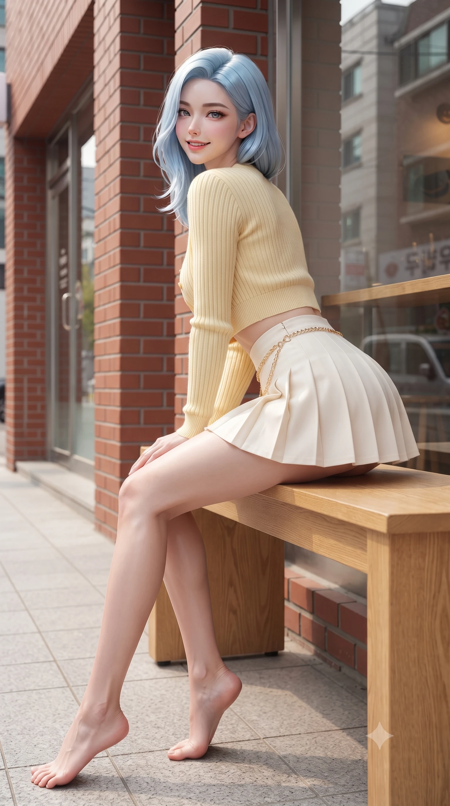 score_9, masterpiece, best quality, ultra-detailed, high-budget anime keyframe, editorial fashion photography, tasteful artistic composition, Korean woman. low angle full-body shot from head to toe showing her feet, filling the entire 9:16 vertical frame with her statuesque presence, stretching her vertical silhouette. posing with back turned slightly to the lens, glancing back with an enchanting, playful smile as she arches her lower back to emphasize her sculpted feminine hips and slender waist while sitting gracefully on a light oak outdoor bench outside a red-brick Seongsu cafe, leaning forward with a cheerful beaming smile and playful coquettish eyes. The surrounding environment is rendered in vivid detail and crisp panoramic clarity. sharp red-brick masonry textures, clean glass cafe window reflections, and oak bench wood grain in deep focus. She has an exceptionally tall and slender model-like 8.5-heads proportion, an ultra-slim waist, a flat toned midriff, narrow delicate ribcage, and beautifully sculpted feminine hips creating a graceful, slim hourglass silhouette without any bulky heaviness, with impossibly long slender legs. sharp v-shaped jawline, high-bridge nose, intricate jewel-like sparkling eyes with depth, thick eyelashes, glossy parted lips with a natural peach sheen, bright cheerful beaming smile with an enchanting and coquettish sensual glint, exuding both youthful cute charm and seductive allure, flawlessly proportioned anatomical accuracy, strict slender model proportions, natural body alignment, perfectly sculpted long slender limbs, ultra-slim waistline, clean dynamic posture without body distortion. wearing a cropped pastel ribbed knit cardigan paired with an ultra-short high-waisted pleated tennis skirt clinging tightly to her curvy hips in bright butter yellow and fresh cream white, crafted from soft cozy cashmere yarn with an airy drape, accented with a delicate gold chain belt resting loosely on her curvy hips, the liquid-tight tailored fabric clinging flawlessly to her narrow waist and rounded feminine hips, emphasizing every millimeter of her sculpted slim hourglass curves without any bulky heaviness. bathed in crisp clear morning key light and soft warm cafe terrace ambient fill. ultra-reflective glossy finish, specular highlights, rich textural contrasts, high-contrast stereoscopic depth, volumetric dynamic lighting, 2k, ultra detail, master piece, 9:16 ratio
