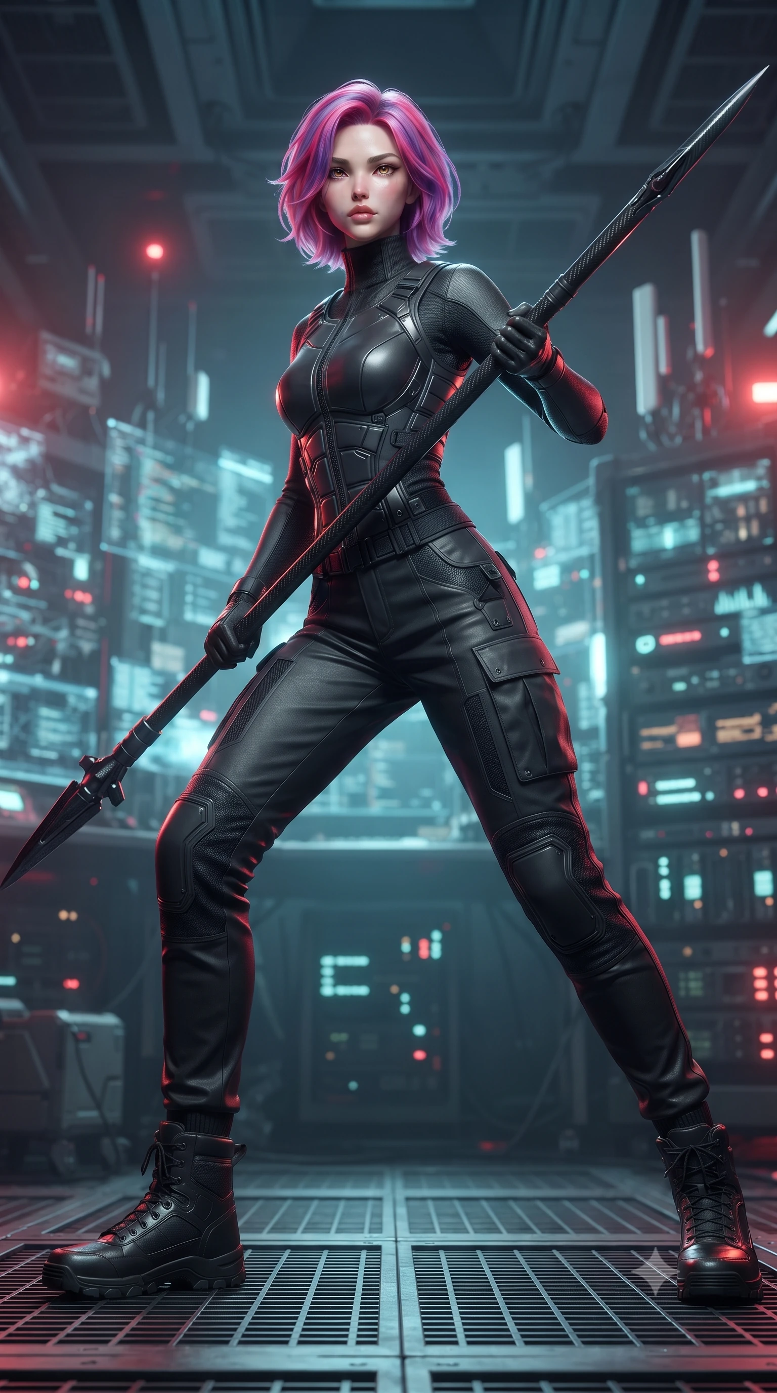 score_9, masterpiece, best quality, ultra-detailed, high-budget anime keyframe, editorial fashion photography, tasteful artistic composition, Caucasian woman. low angle full-body shot from head to toe showing her feet, filling the entire 9:16 vertical frame with her statuesque presence, stretching her vertical silhouette. standing in a dynamic combat stance with a carbon-fiber spear held diagonally, stretching her statuesque body, the background shows a soft-focus a communications bay filled with glowing data-shards and signal antennas. She has an absolutely perfect, statuesque 8.5-heads proportion, an exceptionally tall and slender model-like female figure with impossibly long slender legs and an ultra-slim waist. sharp v-shaped jawline, high-bridge nose, intricate jewel-like eyes with depth, thick eyelashes, glossy lips with a natural sheen. wearing a tailored tailored high-collar carbon-plated tactical vest worn over a high-neck protective utility undershirt and reinforced cargo pants. pulsing red and cyan beacon lights casting subtle, colorful highlights on her profile. ultra-reflective glossy finish, specular highlights, metallic sheen, high-contrast stereoscopic depth, volumetric dynamic lighting, 2k, ultra detail, master piece, 9:16 ratio