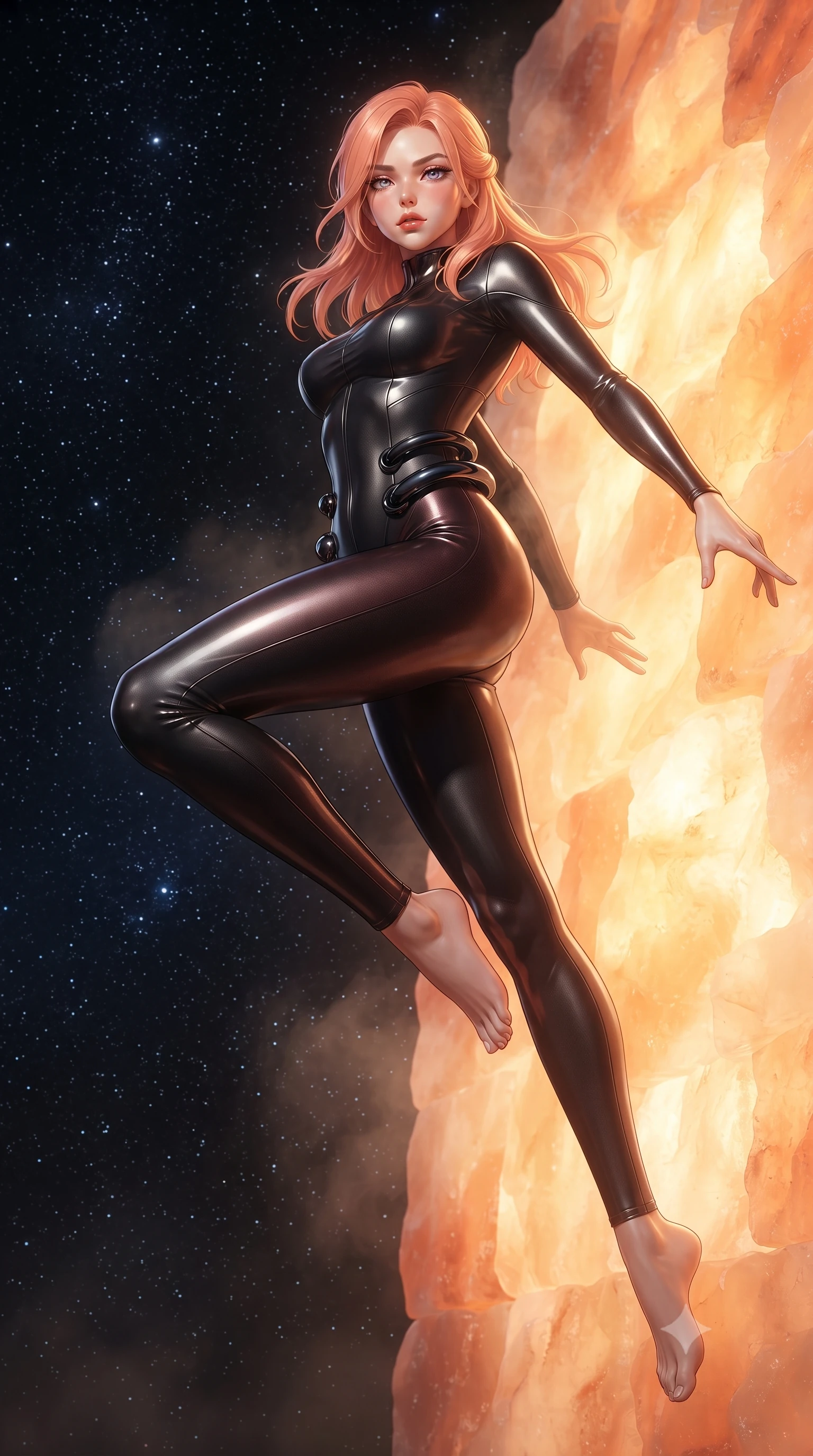 score_9, masterpiece, best quality, ultra-detailed, high-budget anime keyframe, editorial fashion photography, tasteful artistic composition, Japanese woman. low angle full-body shot from head to toe showing her feet, filling the entire 9:16 vertical frame with her statuesque presence, stretching her vertical silhouette. leaping dynamically through the starry space, her posture full of power and elegance, leaning near a glowing amber Himalayan salt wall emitting a warm ethereal light, warm amber glow highlighting her sharp v-shaped jawline and glossy lips. She has an absolutely perfect, statuesque 8.5-heads proportion, an exceptionally tall and slender model-like female figure with impossibly long slender legs and an ultra-slim waist. sharp v-shaped jawline, high-bridge nose, intricate jewel-like eyes with depth, thick eyelashes, glossy lips with a natural sheen. wearing second-skin matte carbon-fiber combat suit in onyx black in dark mahogany, made of high-gloss liquid vinyl, accented with sculpted obsidian chrome rings at the waist, following her slender form with tailored precision. illuminated by soft diffused key light filtering through delicate steam. ultra-reflective glossy finish, specular highlights, metallic sheen, high-contrast stereoscopic depth, volumetric dynamic lighting, 2k, ultra detail, master piece, 9:16 ratio