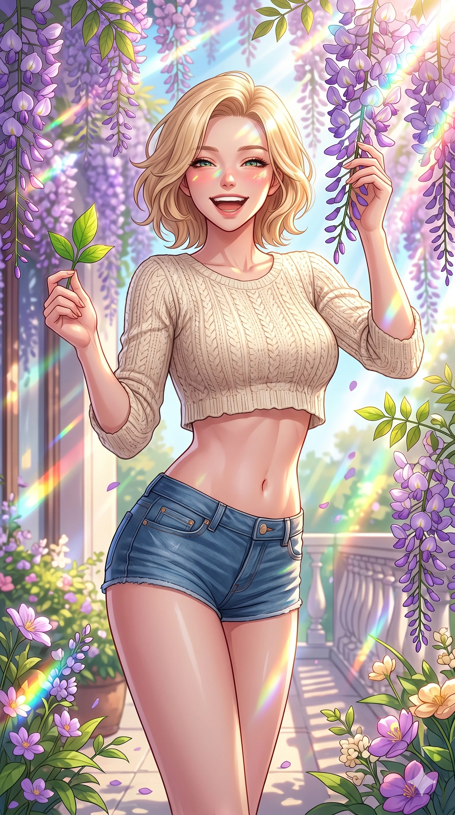 score_9, masterpiece, best quality, ultra-detailed, high-budget anime keyframe, vibrant anime aesthetic, Caucasian woman, strictly human ears. cowboy shot from the thighs up, character and outfit filling the frame for maximum presence. She is laughing happily while holding a spring leaf, her face curved in a warm smile by a private villa terrace lined with blooming wisteria (Code-P20-061). She has an absolutely perfect 8-heads proportion, an exceptionally tall and slender female figure with impossibly long slender legs and an ultra-slim waist. V-shaped jawline, high-bridge nose, intricate jewel-like eyes with depth, thick eyelashes, glossy lips with a natural sheen. wearing a cropped knit top showing her bare midriff and denim micro-shorts. She is lit by bright sunbeams reflecting off spring flowers, casting colorful highlights. 2k, ultra detail, master piece, 9:16 ratio