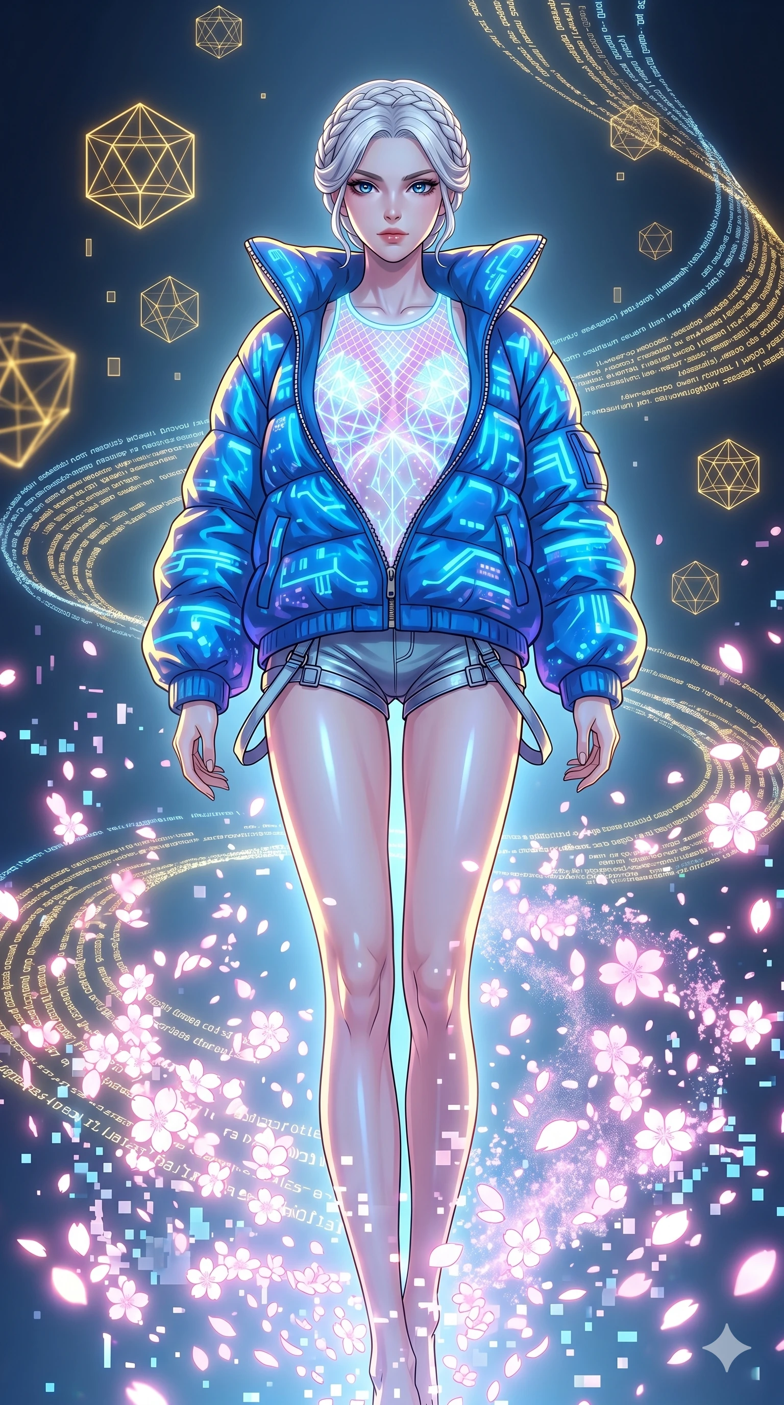 score_9, masterpiece, best quality, ultra-detailed, High-budget Anime Keyframe, vibrant colors, fluid line-art, expressive lighting, cinematic composition, Ufotable-style visual effects, top-tier animation quality, Korean woman with idol-like refined features. Dramatic low angle looking up at her majestic stature, dominating the vertical space of the composition. Vanishing into a sudden cloud of glowing cherry blossoms and digital pixels to escape an incoming attack. She has an absolutely perfect 8-heads proportion, an exceptionally tall and slender female figure with impossibly long slender legs and an ultra-slim waist, her statuesque height and towering silhouette dominating the vertical 9:16 frame. Her face is a masterpiece featuring a sharp v-shaped jawline, high-bridge nose, intricate jewel-like eyes with depth, thick eyelashes, and glossy lips with a natural sheen. She is wearing a Oversized puffer jacket worn over a micro-shorts and harness set, unzipped to reveal her chest crafted from Fluorescent mesh that glows brightly under neon light, highlighting her silhouette, featuring a crystalline structure that catches the light and reveals her slender frame. The scene is set in an abstract digital void with floating golden geometric shapes and rivers of flowing code, illuminated by soft bioluminescent glow from the environment casting ethereal colors on her skin. 2k, ultra detail, master piece, 9:16 ratio