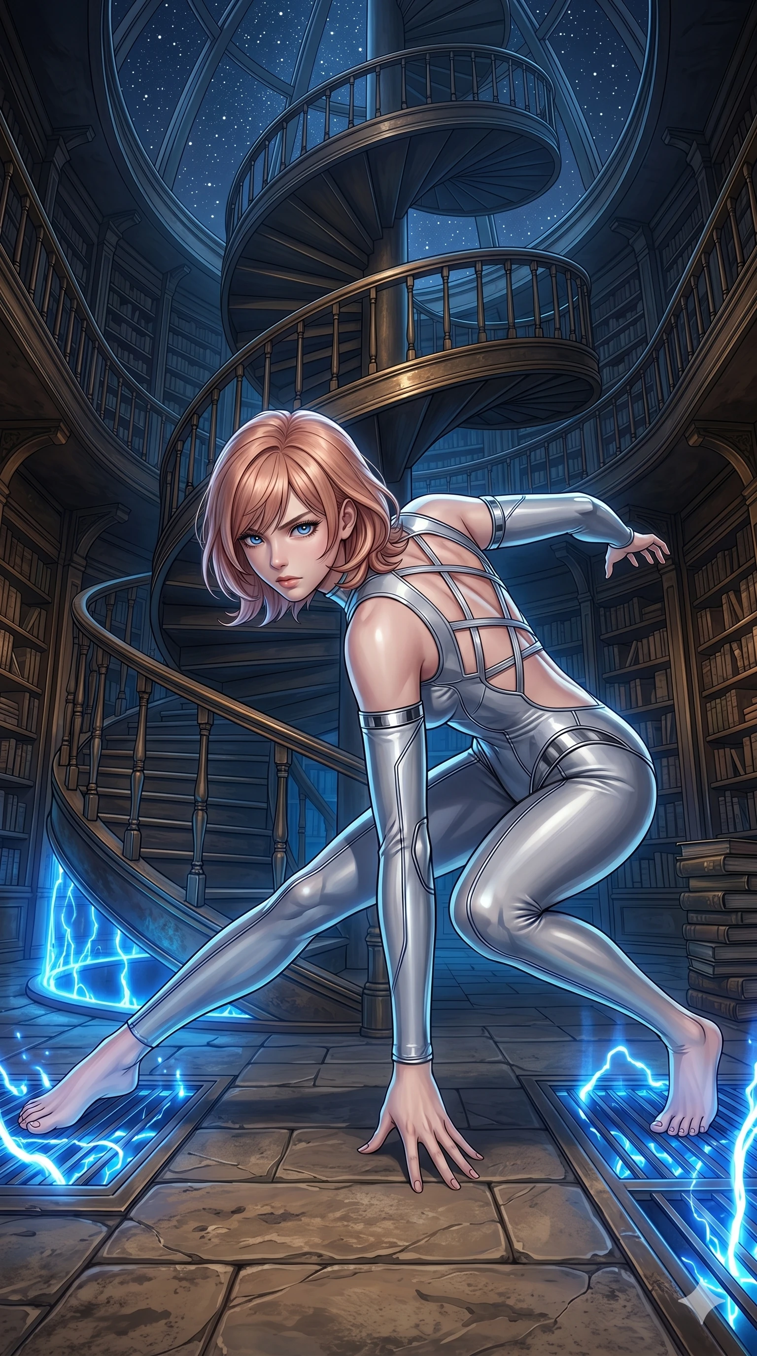 score_9, masterpiece, best quality, ultra-detailed, high-budget anime keyframe, editorial fashion photography, tasteful artistic composition, Japanese woman. low angle full-body shot from head to toe showing her feet, filling the entire 9:16 vertical frame with her statuesque presence, stretching her vertical silhouette. Lunging to the side with one hand touching the ground, her posture athletic and low inside an ancient library where a spiral staircase winds up into a dark starry sky, as delicate light reflections play along the metallic surfaces. She has an absolutely perfect 8-heads proportion, an exceptionally tall and slender female figure with impossibly long slender legs and an ultra-slim waist. V-shaped jawline, high-bridge nose, intricate jewel-like eyes with depth, thick eyelashes, glossy lips with a natural sheen. wearing a precision-fitted chrome-accented bodysuit with detatched sleeves and an open-back criss-cross design. highlighted by pulsing electric blue plasma arc lighting from below, casting dramatic upward shadows. 2k, ultra detail, master piece, 9:16 ratio
