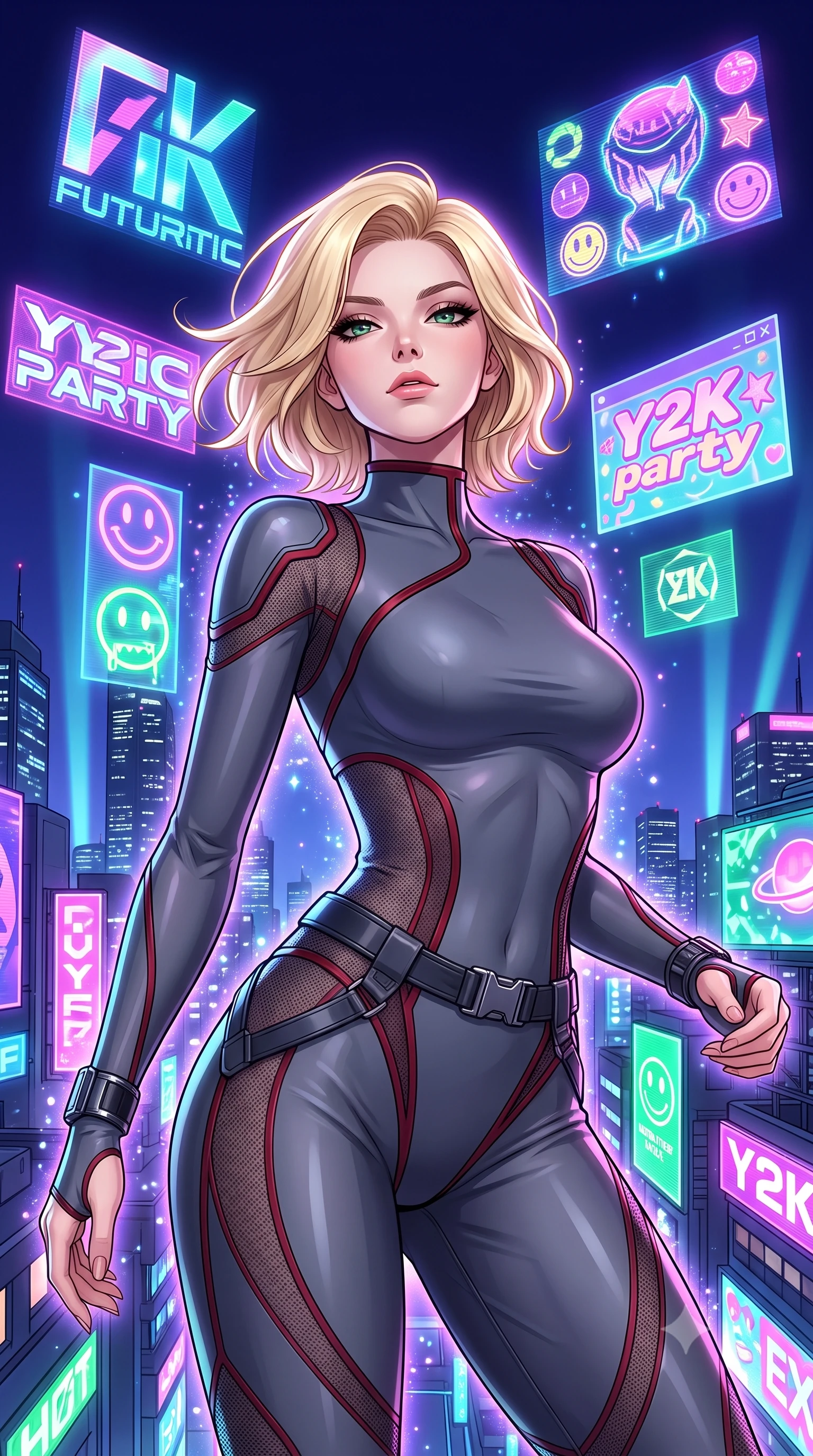 score_9, masterpiece, best quality, ultra-detailed, high-budget anime keyframe, semi-realistic 3D game render, editorial fashion photography, tasteful artistic composition, Caucasian woman. close-up cowboy shot from the waist and thighs up, the character dominates the composition, filling the frame with her large presence. tilting her chin up with proud, sovereign confidence while gazing directly into the lens with thick, dark eyelashes while pivoting with energetic street-dance momentum as giant holographic animated logos flash across the night sky behind her. The surrounding environment is rendered in vivid detail and crisp panoramic clarity. vibrant futuristic rave chiaroscuro and exhilarating high-altitude electronic nightlife in precision. She has an exceptionally elegant, slender, and willowy female figure with an ultra-slim waist, a gracefully sculpted slender torso, toned flat midriff, and a refined slim silhouette. sharp v-shaped jawline, high-bridge nose, intricate jewel-like eyes with depth, thick eyelashes, glossy lips with a natural sheen, captivating and magnetic expression, flawlessly proportioned anatomical accuracy, strict slender model proportions, natural body alignment, perfectly sculpted long slender limbs, ultra-slim waistline, clean dynamic posture without body distortion. wearing a sharp asymmetrical spy bodysuit with sheer contouring mesh panels, reinforced strike shoulders, and utility waist harness in storm grey and dark scarlet trim, made of high-mobility liquid jersey and semi-opaque reinforced mesh, accented with concealed lockpick wristbands and polished dark chrome hardware, the breezy yet form-flattering drape swaying gracefully with her steps, accentuating her long willowy limbs and slim waistline. surrounded by a vibrant, fearless, and passionately energetic Y2K party queen aura. highly saturated vibrant anime colors, detailed shading with soft gradients, rich glossy textures, high-contrast stereoscopic depth, volumetric dynamic lighting, master piece, 9:16 ratio
