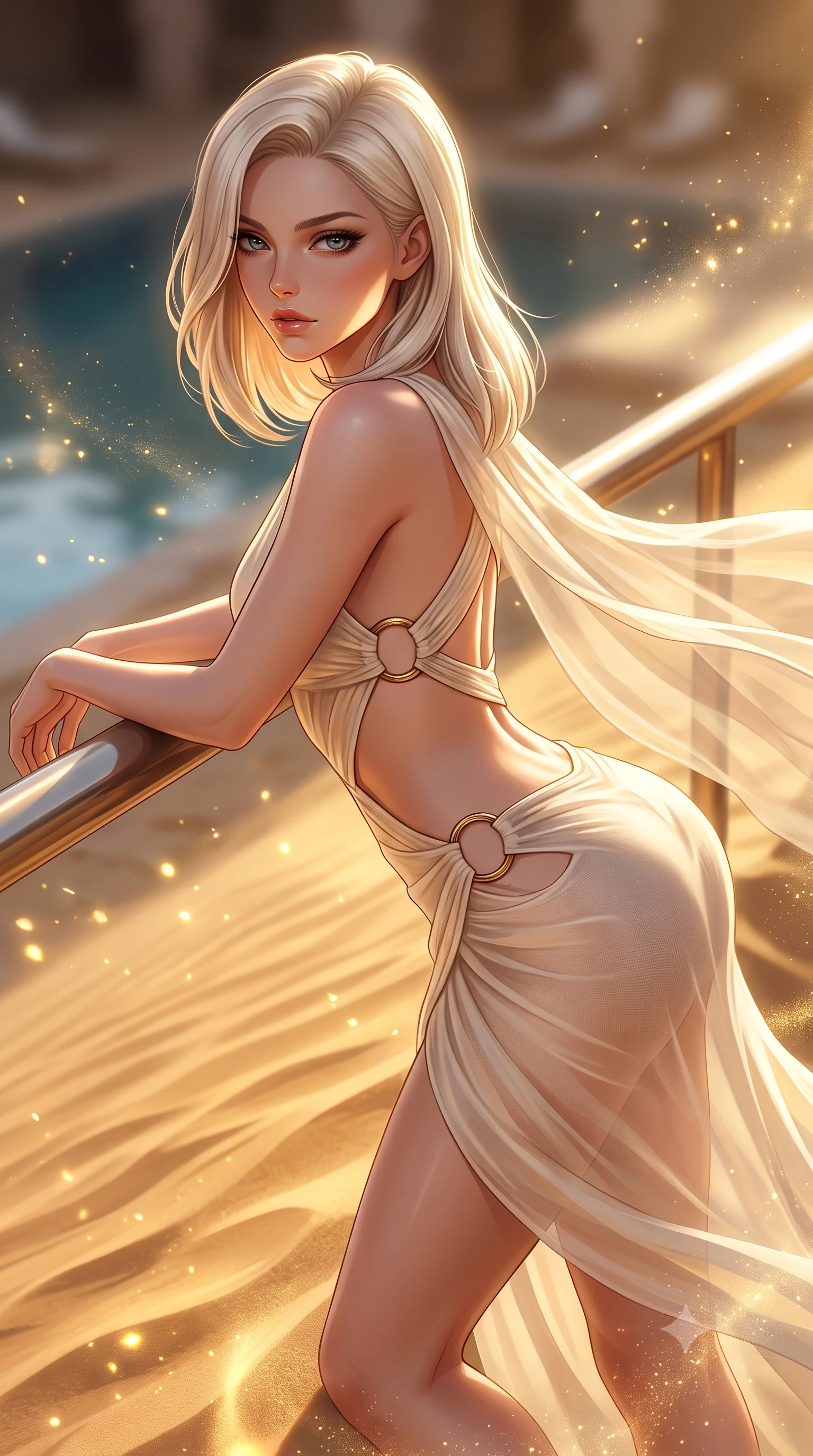 score_9, masterpiece, best quality, ultra-detailed, high-budget anime keyframe, semi-realistic 3D game render, editorial fashion photography, tasteful artistic composition, Caucasian woman. close-up cowboy shot from the waist and thighs up, the character dominates the composition, filling the frame with her large presence. leaning forward against the polished railing with her hips cocked back, creating an intoxicating curve from her narrow waist to sculpted hips as she gazes back into the lens while reclining on her side across the crest of a wind-sculpted golden sand dune, arching her lower back as desert sunset winds flutter her sheer silk cape. The composition keeps background elements in soft focus with creamy bokeh. glowing sand dust motes and pool water reflections scattering radiant golden particles. She has an exceptionally elegant, slender, and willowy female figure with an ultra-slim waist, a gracefully sculpted slender torso, toned flat midriff, and rounded feminine hips creating an alluring hourglass silhouette. sharp v-shaped jawline, high-bridge nose, intricate jewel-like eyes with depth, thick eyelashes, glossy parted lips with a natural sheen, intensely captivating and seductive bedroom-eyes expression, flawlessly proportioned anatomical accuracy, strict slender model proportions, natural body alignment, perfectly sculpted long slender limbs, ultra-slim waistline, clean dynamic posture without body distortion. wearing a sheer silk chiffon desert wrap dress with dramatic side-torso cutouts framed by hammered brass rings in sun-bleached sand ivory and polished brass, woven from fine textured cotton gauze that flutters in the desert wind, finished with sheer floating train panels fluttering behind her in the desert breeze, the second-skin form-contouring cut accentuating her sculpted flat midriff, narrow waistline, and dramatically curvy hips without adding bulk. illuminated by dramatic low-angle sun rays defining her razor-sharp jawline, narrow waist, and curvy hips. highly saturated vibrant anime colors, detailed shading with soft gradients, rich glossy textures, high-contrast stereoscopic depth, volumetric dynamic lighting, master piece, 9:16 ratio
