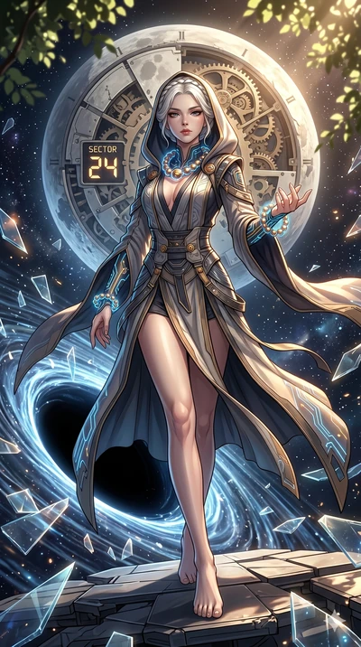 score_9, masterpiece, best quality, ultra-detailed, Set A: High-budget Anime Keyframe, Korean woman. Low angle cowboy shot filling the entire 9:16 frame with her statuesque presence. Theme: Historical Remix. shattering the fabric of reality in the ed