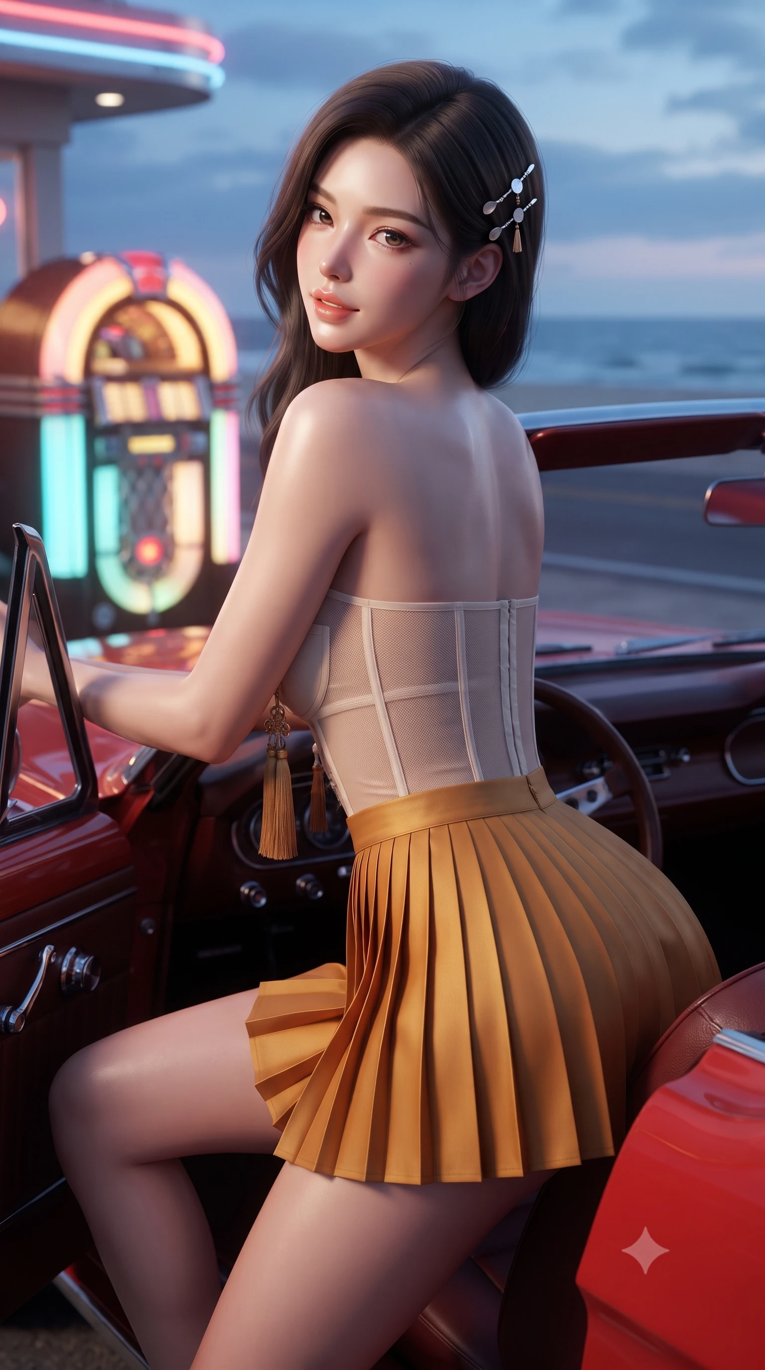 score_9, masterpiece, best quality, ultra-detailed, high-budget anime keyframe, editorial fashion photography, tasteful artistic composition, Korean woman. close-up cowboy shot from the waist and thighs up, the character dominates the composition, filling the frame with her large presence. posing in an alluring rear three-quarter angle, looking over a bare shoulder with parted glossy lips, her hips cocked back to highlight her slim hourglass curve while sitting in the driver's seat of the open-top red convertible with the door open, arching her back with sun-kissed retro city-pop allure. The background shows a soft-focus glowing chrome diner jukebox softened in breezy beachside highway shallow focus. She has an exceptionally elegant, slender, and willowy female figure with an ultra-slim waist, flat toned midriff, narrow ribcage, and sculpted feminine hips creating an alluring, slim hourglass silhouette without bulk. sharp v-shaped jawline, high-bridge nose, sparkling eyes with hypnotic seductive depth, thick curled eyelashes, glossy parted lips with a natural dewy peach sheen, alluring bedroom-eyes with an enchanting coquettish smile, exuding magnetic siren charisma and sophisticated glamour, flawlessly proportioned anatomical accuracy, strict slender model proportions, natural body alignment, perfectly sculpted long slender limbs, ultra-slim waistline, clean dynamic posture without body distortion. wearing a modern strapless boned hanbok bustier with traditional norigae tassel accents paired with a micro-pleated silk mini skirt in warm amber honey and antique gold leaf, made of semi-opaque stretch illusion mesh with soft shadowy contours, finished with delicate mother-of-pearl hairpin ornaments glinting in her dark glossy hair, the form-contouring silhouette accentuating her sculpted flat midriff, narrow delicate ribcage, and gracefully curvy hips with intoxicating allure. bathed in the glowing neon illumination of the diner sign mixed with twilight coastal sky fill. ultra-reflective glossy finish, specular highlights, rich textural contrasts, high-contrast stereoscopic depth, volumetric dynamic lighting, 2k, ultra detail, master piece, 9:16 ratio