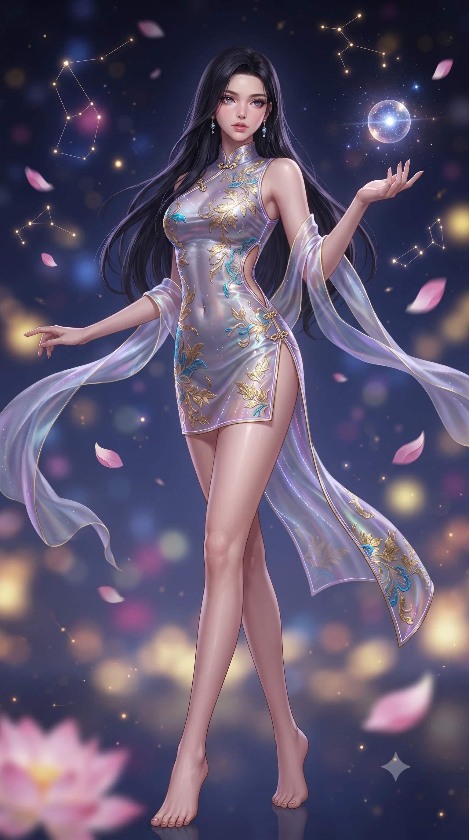 score_9, masterpiece, best quality, ultra-detailed, high-budget anime keyframe, editorial fashion photography, tasteful artistic composition, Korean woman. low angle full-body shot from head to toe showing her feet, filling the entire 9:16 vertical frame with her statuesque presence, stretching her vertical silhouette. standing poised with one hip cocked in an alluring high-fashion pose, her tall 8.5-heads proportions dominating the scene while reaching out gracefully toward a floating orb of starlight, her long slender legs and willowy torso extended in pure dancer poise. The composition keeps background elements in soft focus with creamy bokeh. floating holographic constellations and drifting pink lotus petals blurred into celestial indigo, gold, and magenta bokeh. She has an absolutely perfect, statuesque 8.5-heads proportion, an exceptionally tall and slender model-like female figure with impossibly long slender legs, a toned flat midriff, and an ultra-slim waist. sharp v-shaped jawline, high-bridge nose, intricate jewel-like eyes with depth, thick eyelashes, glossy lips with a natural sheen, captivating and magnetic expression, flawlessly proportioned anatomical accuracy, strict slender model proportions, natural body alignment, perfectly sculpted long slender limbs, ultra-slim waistline, clean dynamic posture without body distortion. wearing a futuristic embroidered qipao mini dress with glowing fiber-optic seams and side cutouts in deep azure blue and gold leaf embroidery, made of semi-translucent iridescent organza shifting between silver and violet, complemented by long flowing silk arm ribbons that float weightlessly in the air, the precision-cut daring openings accentuating her delicate midriff, graceful bare collarbones, and ultra-slim feminine waistline. surrounded by an immortal, transcendent, and breathtakingly majestic cosmos empress aura. ultra-reflective glossy finish, specular highlights, rich textural contrasts, high-contrast stereoscopic depth, volumetric dynamic lighting, 2k, ultra detail, master piece, 9:16 ratio