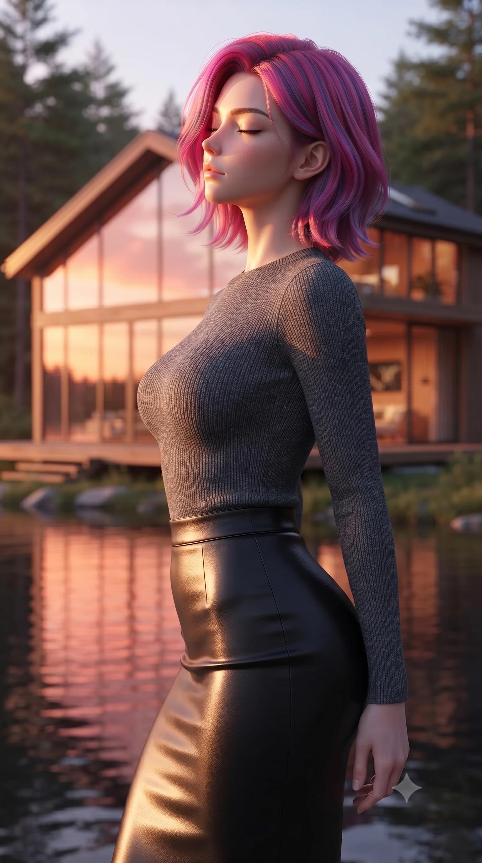 score_9, masterpiece, best quality, ultra-detailed, high-budget anime keyframe, editorial fashion photography, tasteful artistic composition, Caucasian woman woman. close-up cowboy shot from the waist and thighs up, the character dominates the composition, filling the frame with her large presence, background elements kept in soft focus. turning her face in profile to catch the warm sunlight on her cheek, eyes softly closed the background shows a soft-focus a modern house built of glass and wood, sitting on the edge of a calm forest lake. She has an exceptionally elegant, slender, and willowy female figure with an ultra-slim waist, a gracefully sculpted slender torso, and a refined silhouette. sharp v-shaped jawline, high-bridge nose, intricate jewel-like eyes with depth, thick eyelashes, glossy lips with a natural sheen. wearing a form-contouring body-hugging knit top in charcoal grey, paired with a tight-fitting leather midi skirt. the orange and pink reflection of the sunset on the glass walls and lake surface. ultra-reflective glossy finish, specular highlights, metallic sheen, high-contrast stereoscopic depth, volumetric dynamic lighting, 2k, ultra detail, master piece, 9:16 ratio