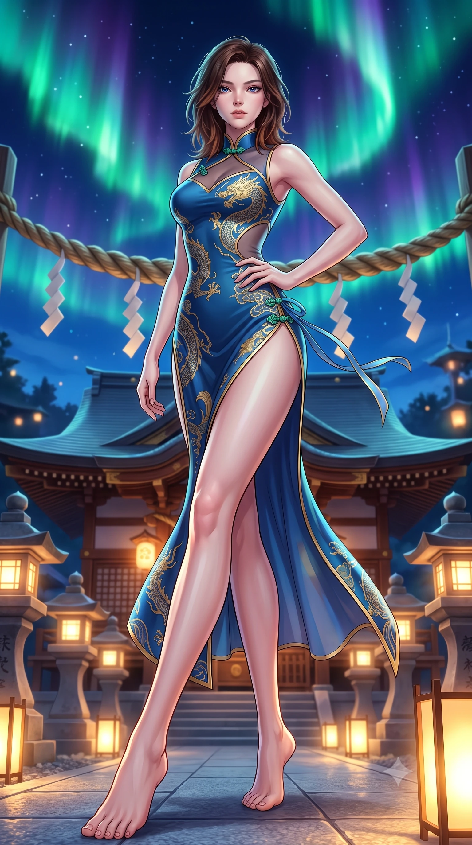 score_9, masterpiece, best quality, ultra-detailed, high-budget anime keyframe, semi-realistic 3D game render, editorial fashion photography, tasteful artistic composition, Korean woman. low angle full-body shot from head to toe showing her feet, filling the entire 9:16 vertical frame with her statuesque presence, stretching her vertical silhouette. standing poised with one hip cocked in an alluring high-fashion pose, her tall 8.5-heads proportions dominating the scene while pivoting dynamically as sacred shimenawa ropes sway in the mountain wind, her flowing silk sleeves catching the celestial glow. The composition keeps background elements in soft focus with creamy bokeh. glowing stone lanterns and wooden shrine eaves softened in cinematic shallow depth of field. She has an absolutely perfect, statuesque 8.5-heads proportion, an exceptionally tall and slender model-like female figure with impossibly long slender legs, a toned flat midriff, and an ultra-slim waist. sharp v-shaped jawline, high-bridge nose, intricate jewel-like eyes with depth, thick eyelashes, glossy lips with a natural sheen, captivating and magnetic expression, flawlessly proportioned anatomical accuracy, strict slender model proportions, natural body alignment, perfectly sculpted long slender limbs, ultra-slim waistline, clean dynamic posture without body distortion. wearing a dragon-embroidered silk cheongsam modern dress with asymmetrical sheer mesh cutouts and high Mandarin collar in deep azure blue and gold leaf embroidery, tailored from crisp ceremonial cotton and multi-layered translucent chiffon, finished with genuine jade button closures and floating celestial silk ribbons, the glove-like aerodynamic second-skin fit tightly clinging to her ultra-slender waist and athletic curves without adding bulk, accentuating her razor-sharp statuesque lines and slim hourglass silhouette. bathed in vibrant emerald and violet aurora light overhead and warm golden lantern uplights from below. highly saturated vibrant anime colors, detailed shading with soft gradients, rich glossy textures, high-contrast stereoscopic depth, volumetric dynamic lighting, master piece, 9:16 ratio