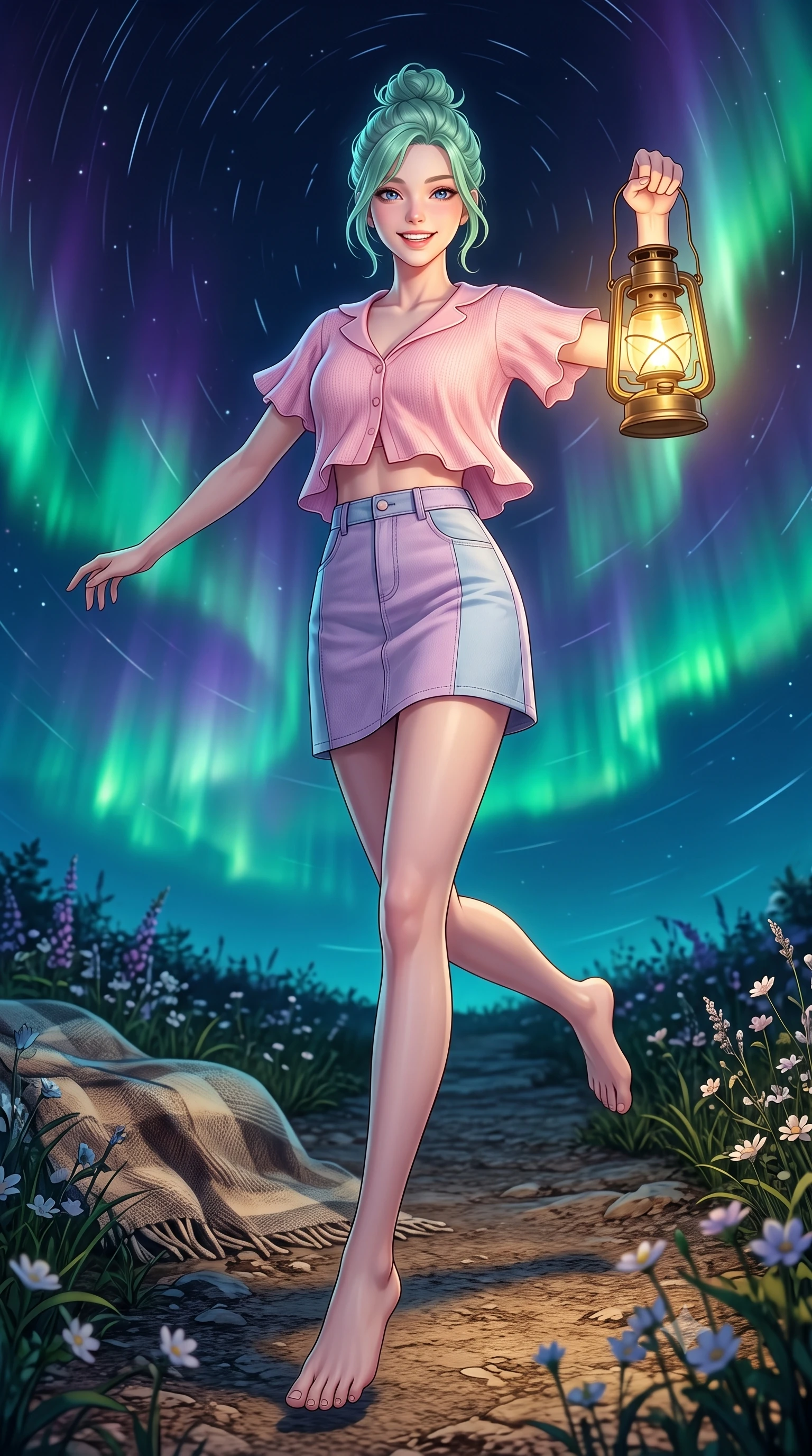 score_9, masterpiece, best quality, ultra-detailed, high-budget anime keyframe, semi-realistic 3D game render, editorial fashion photography, tasteful artistic composition, Japanese woman. low angle full-body shot from head to toe showing her feet, filling the entire 9:16 vertical frame with her statuesque presence, stretching her vertical silhouette. leaping with lighthearted youthful energy across the natural path with a dazzling bright smile and balanced athletic poise while holding a vintage brass camping lantern that casts a warm, golden glow across her sweet, radiant face. The surrounding environment is rendered in vivid detail and crisp panoramic clarity. sharp star trails, textured wool blanket weave, and delicate wild nighttime flowers in deep focus. She has an absolutely perfect, statuesque 8.5-heads proportion, an exceptionally tall and slender model-like female figure with impossibly long slender legs, a toned flat midriff, and an ultra-slim waist. sharp v-shaped jawline, high-bridge nose, intricate jewel-like eyes with depth, thick eyelashes, glossy lips with a natural sheen, pure and lovely fresh girlhood expression, flawlessly proportioned anatomical accuracy, strict slender model proportions, natural body alignment, perfectly sculpted long slender limbs, ultra-slim waistline, clean dynamic posture without body distortion. wearing a lovely baby-pink cropped knit cardigan paired with a high-waisted denim A-line mini skirt in soft pastel lavender and delicate sky blue, made of comfortable premium stretch denim and airy cotton-jersey, featuring elegant flutter sleeves and a graceful open collar, the breezy lightweight fabric fluttering softly against her delicate collarbones, narrow waist, and feminine curves. bathed in dancing emerald and violet aurora glow combined with warm golden brass lantern uplights. highly saturated vibrant anime colors, detailed shading with soft gradients, rich glossy textures, high-contrast stereoscopic depth, volumetric dynamic lighting, master piece, 9:16 ratio