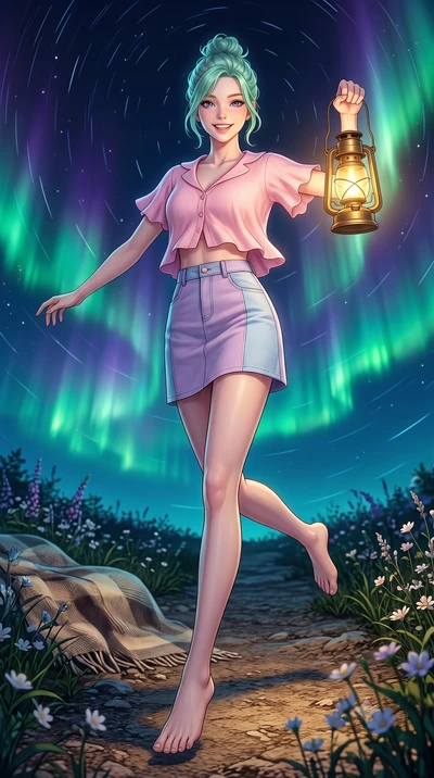 score_9, masterpiece, best quality, ultra-detailed, high-budget anime keyframe, semi-realistic 3D game render, editorial fashion photography, tasteful artistic composition, Japanese woman. low angle full-body shot from head to toe showing her feet, f