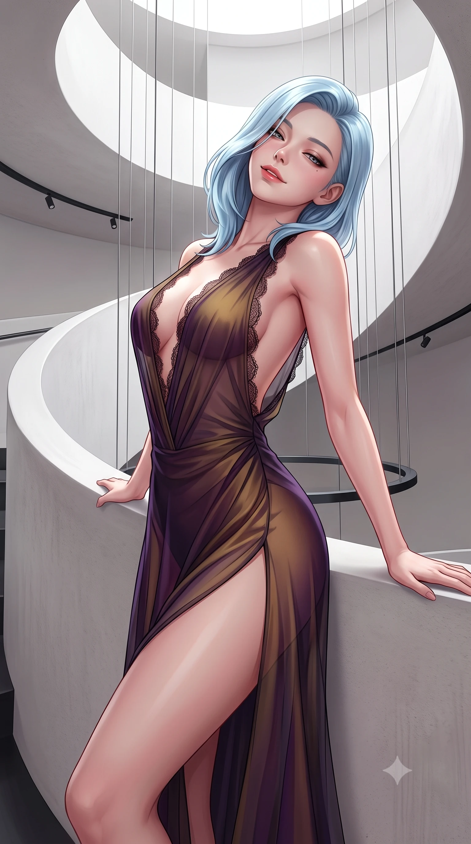 score_9, masterpiece, best quality, ultra-detailed, high-budget anime keyframe, semi-realistic 3D game render, editorial fashion photography, tasteful artistic composition, Korean woman. close-up cowboy shot from the waist and thighs up, the character dominates the composition, filling the frame with her large presence. leaning back against the balustrade with relaxed seductive grace, head tilted back slightly while casting a hypnotic, heavy-lidded gaze while standing poised on the curving white parapet of the spiral ramp, arching her spine with effortless avant-garde dancer grace. The surrounding environment is rendered in vivid detail and crisp panoramic clarity: sharp smooth plaster ramp curvature, ultra-thin steel mobile suspension wire, and painted black aluminum disc edges in deep focus. She has an exceptionally elegant, slender, and willowy female figure with an ultra-slim waist, flat toned midriff, narrow ribcage, and sculpted feminine hips creating an alluring, slim hourglass silhouette without bulk. sharp v-shaped jawline, high-bridge nose, sparkling eyes with hypnotic seductive depth, thick curled eyelashes, glossy parted lips with a natural dewy peach sheen, alluring bedroom-eyes with an enchanting coquettish smile, exuding magnetic siren charisma and sophisticated glamour, flawlessly proportioned anatomical accuracy, strict slender model proportions, natural body alignment, perfectly sculpted long slender limbs, ultra-slim waistline, clean dynamic posture without body distortion. wearing a deep V-neck sheer gossamer chiffon vampire dress with an open-back scoop and dramatic flowing side leg slit in dark plum violet and gilded bronze with sheer obsidian overlays, made of semi-opaque stretch illusion mesh with soft shadowy contours, finished with scalloped eyelash lace trim framing her sweetheart neckline with intimate elegance, the precision-cut side openings and low-back scoop framing her graceful spine and the sensual sweep of her slim, toned hips. bathed in diffused omnidirectional gallery daylight cascading down the central rotunda void. highly saturated vibrant anime colors, detailed shading with soft gradients, rich glossy textures, high-contrast stereoscopic depth, volumetric dynamic lighting, master piece, 9:16 ratio
