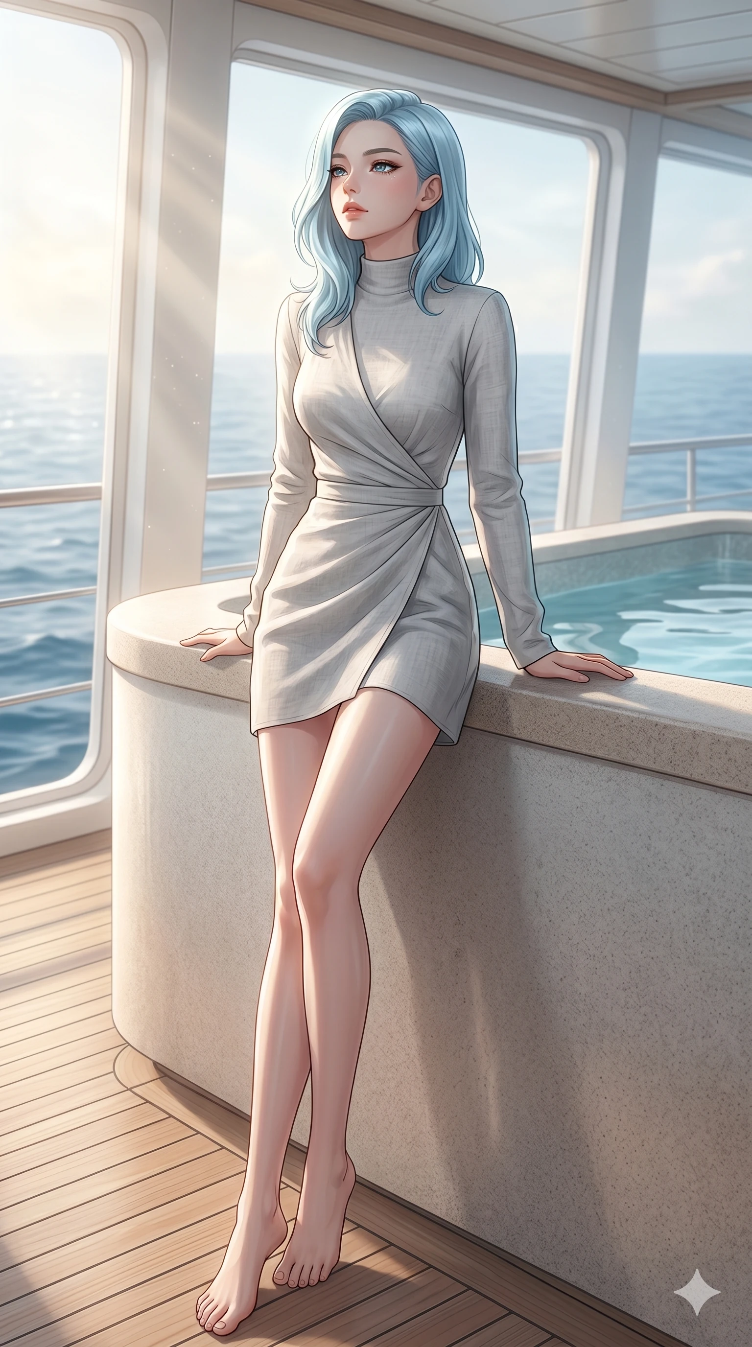 score_9, masterpiece, best quality, ultra-detailed, high-budget anime keyframe, editorial fashion photography, tasteful artistic composition, Korean woman. low angle full-body shot from head to toe showing her feet, filling the entire 9:16 vertical frame with her statuesque presence, stretching her vertical silhouette. resting her arms on the warm pool ledge, tilting her chin up with a relaxed, composed expression on a private yacht cabin deck with open windows showing the blue ocean (Code-P19-028). She has an absolutely perfect 8-heads proportion, an exceptionally tall and slender female figure with impossibly long slender legs and an ultra-slim waist. V-shaped jawline, high-bridge nose, intricate jewel-like eyes with depth, thick eyelashes, glossy lips with a natural sheen. wearing a modern high-neck fusion wrap dress with long sleeves in light grey organic linen. bathed in soft morning sunbeams filtered through the sea mist, creating a soft glowing aura. 2k, ultra detail, master piece, 9:16 ratio