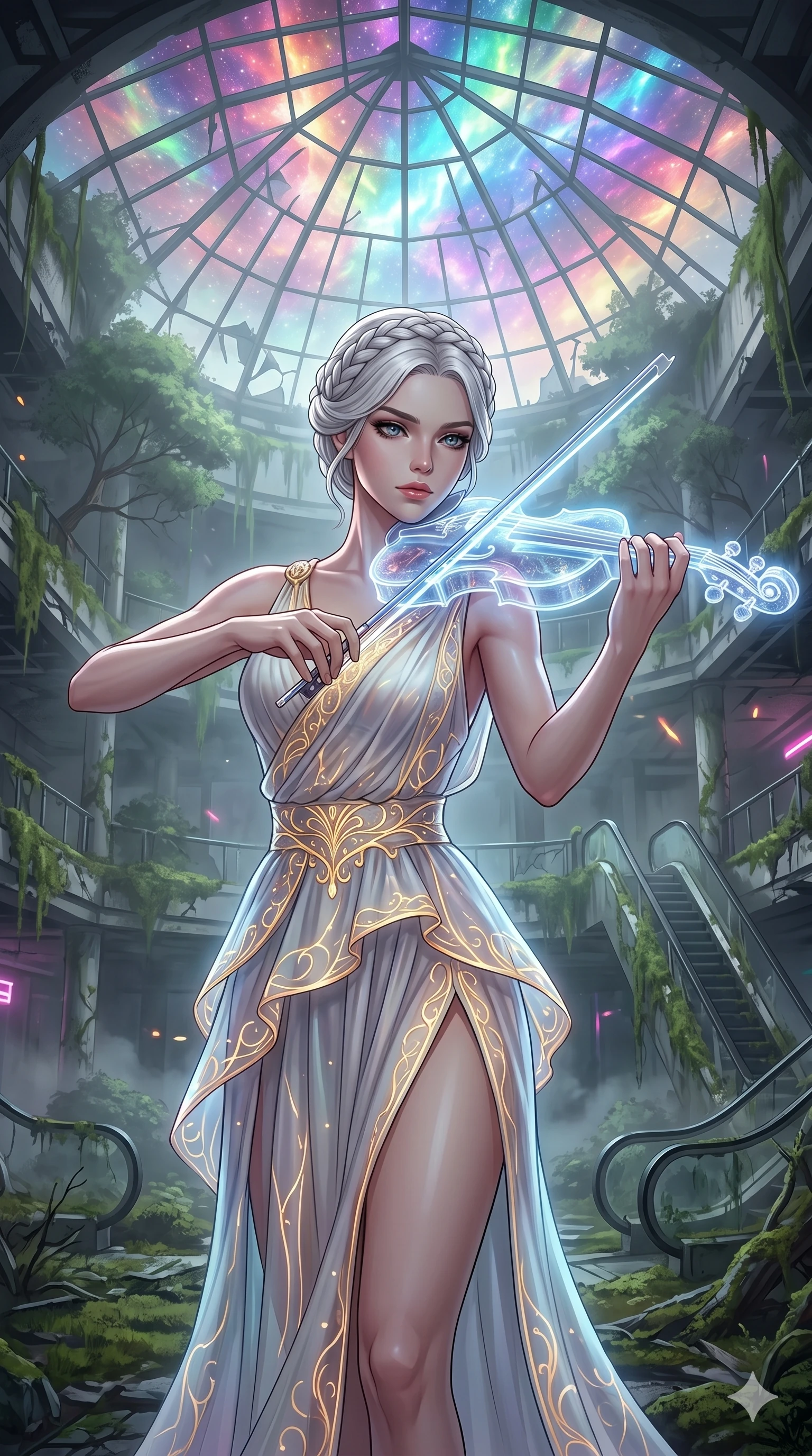 score_9, masterpiece, best quality, ultra-detailed, Set A: High-budget Anime Keyframe, Caucasian (human ears) woman. Upper body close-up from the thighs up, character filling the screen for maximum presence. Theme: Ethereal Dream. playing a holographic violin in a ruined overgrown shopping mall, with a look of serene power as the sky splits into 88 colors. The atmosphere is filled with heavy smog with neon flares. She has an absolutely perfect 8-heads proportion, an exceptionally tall and slender female figure with impossibly long slender legs and an ultra-slim waist. Sharp v-shaped jawline, high-bridge nose, intricate jewel-like eyes with depth, glossy lips. Wearing Ancient Roman-style tech-toga with glowing gold filigree and a high side slit. Cinematic lighting, vivid colors, dramatic shadows, 2k, ultra detail, master piece, 9:16 ratio