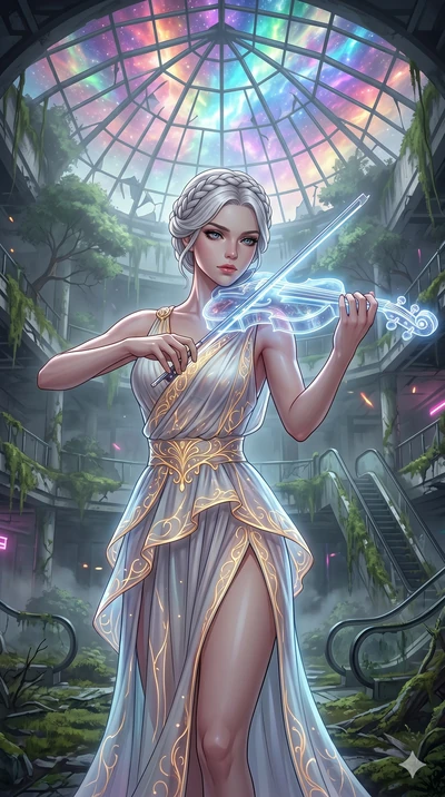 score_9, masterpiece, best quality, ultra-detailed, Set A: High-budget Anime Keyframe, Caucasian (human ears) woman. Upper body close-up from the thighs up, character filling the screen for maximum presence. Theme: Ethereal Dream. playing a holograph
