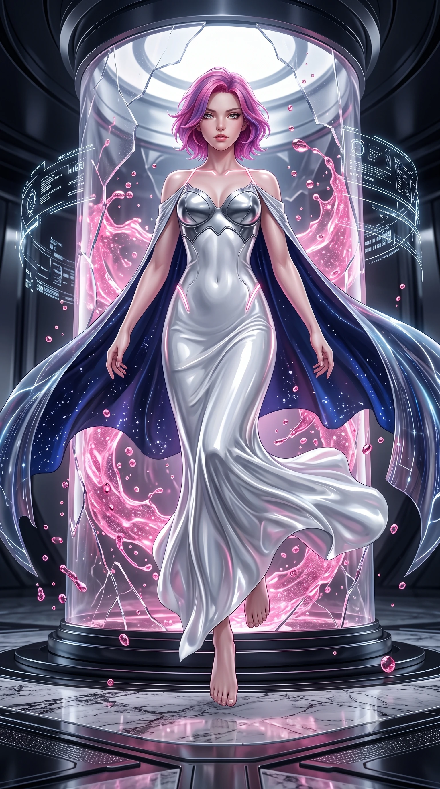 score_9, masterpiece, best quality, ultra-detailed, high-budget anime keyframe, editorial fashion photography, tasteful artistic composition, Caucasian woman. low angle full-body shot from head to toe showing her feet, filling the entire 9:16 vertical frame with her statuesque presence, stretching her vertical silhouette. performing an alluring mid-air vault with flawless poise, looking directly into the camera with regal, divine intensity while stepping gracefully out of a soaring crystal incubator cylinder filled with glowing pink nanotech stasis fluid. The surrounding environment is rendered in vivid detail and crisp panoramic clarity. sharp holographic halo interface glyphs, quartz floor grain, and fluid droplet beads in high clarity. She has an absolutely perfect, statuesque 8.5-heads proportion, an exceptionally tall and slender model-like female figure with impossibly long slender legs, a toned flat midriff, and an ultra-slim waist. sharp v-shaped jawline, high-bridge nose, intricate jewel-like eyes with depth, thick eyelashes, glossy lips with a natural sheen, flawlessly proportioned anatomical accuracy, strict slender model proportions, natural body alignment, perfectly sculpted long slender limbs, ultra-slim waistline, clean dynamic posture without body distortion. wearing a form-contouring white liquid-mercury gown with polished silver biomechanical breastplate and flowing luminescent chiffon cape in deep midnight navy blue and pure starlight chrome, tailored from semi-translucent cybernetic vinyl with glowing micro-filaments, accented with glowing fiber-optic seams tracing her collarbones and hip curves, the liquid-tight tailored fabric emphasizing every curve of her tall, slender model proportions and sculptured silhouette during dynamic movement. surrounded by a pristine, divine, and breathtakingly beautiful cyber-muse awakening atmosphere. ultra-reflective glossy finish, specular highlights, dark metallic sheen, high-contrast stereoscopic depth, volumetric dynamic lighting, 2k, ultra detail, master piece, 9:16 ratio