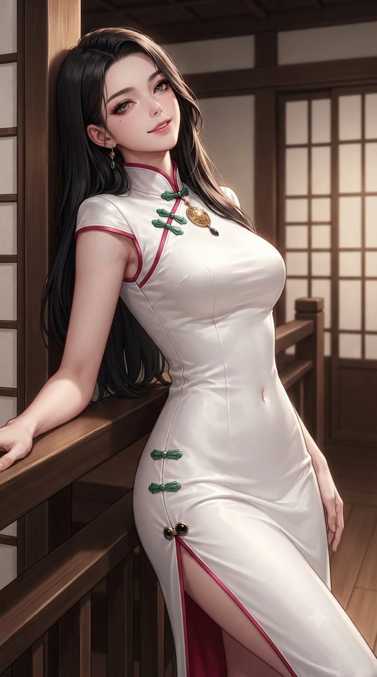 score_9, masterpiece, best quality, ultra-detailed, high-budget anime keyframe, editorial fashion photography, tasteful artistic composition, Korean woman. close-up cowboy shot from the waist and thighs up, the character dominates the composition, filling the frame with her large presence. leaning back against the balustrade with relaxed seductive grace, head tilted back slightly while casting a hypnotic, heavy-lidded gaze while leaning against the polished timber doorframe with hips cocked back, looking through dark curled eyelashes with an enchanting smile. The surrounding environment is rendered in vivid detail and crisp panoramic clarity: sharp wood joinery seams on sliding screen frames, rice-paper texture, and polished timber floorboard gloss in deep focus. She has an exceptionally elegant, slender, and willowy female figure with an ultra-slim waist, flat toned midriff, narrow ribcage, and sculpted feminine hips creating an alluring, slim hourglass silhouette without bulk. sharp v-shaped jawline, high-bridge nose, sparkling eyes with hypnotic seductive depth, thick curled eyelashes, glossy parted lips with a natural dewy peach sheen, alluring bedroom-eyes with an enchanting coquettish smile, exuding magnetic siren charisma and sophisticated glamour, flawlessly proportioned anatomical accuracy, strict slender model proportions, natural body alignment, perfectly sculpted long slender limbs, ultra-slim waistline, clean dynamic posture without body distortion. wearing a refined high-collar fusion qipao evening column gown with structured shoulders and modest jade toggle clasps in pure snow white and vivid cherry blossom crimson, tailored from smooth liquid silk satin with a natural dewy moonlight sheen, accented with an authentic engraved gold medallion and obsidian cabochons, the bespoke structured tailoring following the natural line of her 8.5-heads silhouette with refined elegance. illuminated by timber floor bounce and sharp rose-gold rim lights defining her razor-sharp jawline, narrow waist, and curvy hips. ultra-reflective glossy finish, specular highlights, rich textural contrasts, high-contrast stereoscopic depth, volumetric dynamic lighting, 2k, ultra detail, master piece, 9:16 ratio