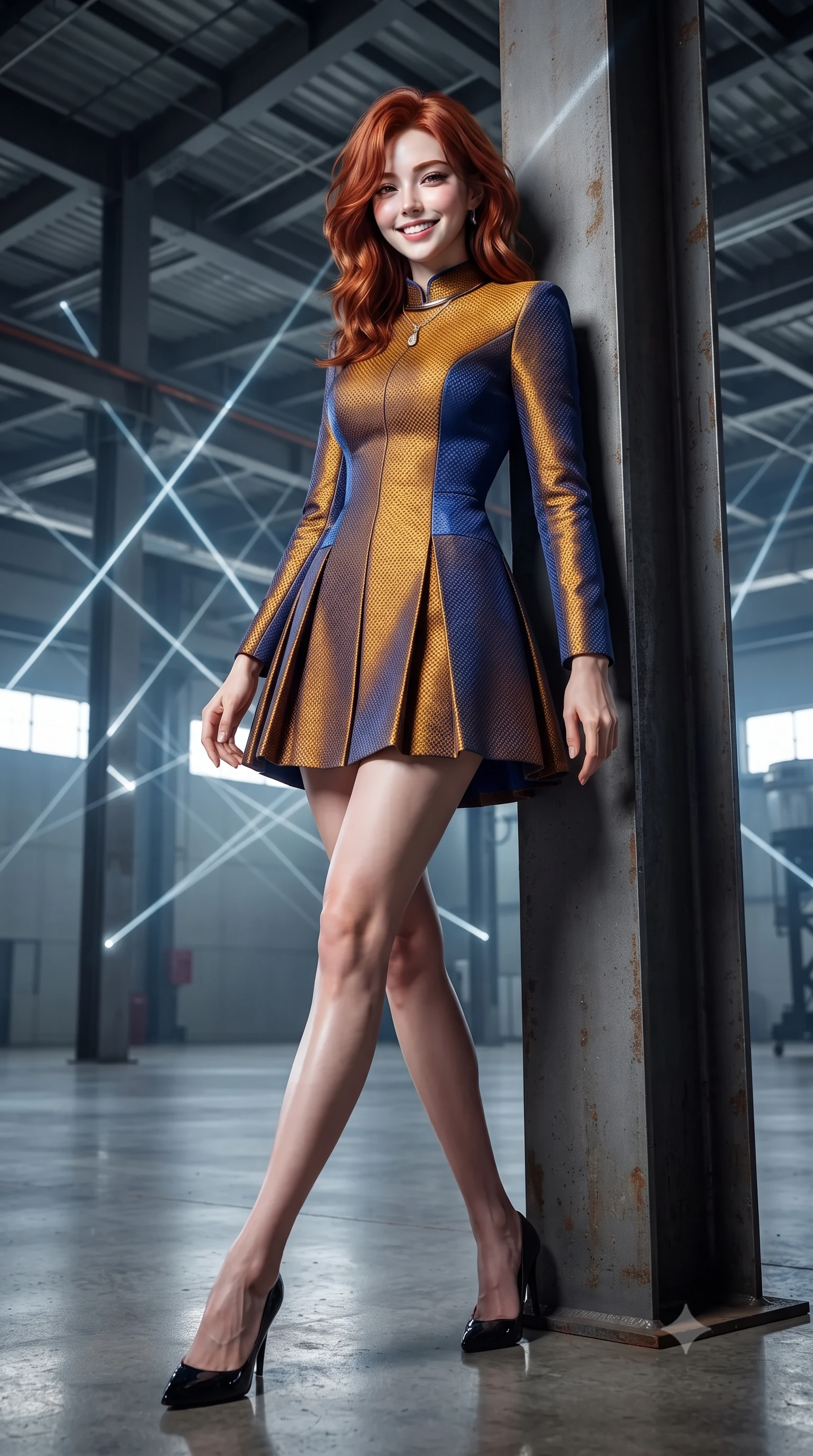 score_9, masterpiece, best quality, ultra-detailed, high-budget anime keyframe, editorial fashion photography, tasteful artistic composition, Korean woman. low angle full-body shot from head to toe showing her feet, filling the entire 9:16 vertical frame with her statuesque presence, stretching her vertical silhouette. stepping forward in a confident stride, her long slender legs and curvaceous hips creating a dynamic, sweeping vertical line while leaning against the raw steel support column with hips cocked back, looking through geometric laser projections with intoxicating bedroom-eyes. The surrounding environment is rendered in vivid detail and crisp panoramic clarity: detailed garment construction, tactile fabric weave, and contemporary brutalist industrial space in high resolution. She has an exceptionally tall and slender model-like 8.5-heads proportion, an ultra-slim waist, a flat toned midriff, narrow delicate ribcage, and beautifully sculpted feminine hips creating a graceful, slim hourglass silhouette without any bulky heaviness, with impossibly long slender legs. sharp v-shaped jawline, high-bridge nose, intricate jewel-like sparkling eyes with depth, thick eyelashes, glossy parted lips with a natural peach sheen, bright cheerful beaming smile with an enchanting and coquettish sensual glint, exuding both youthful cute charm and seductive allure, flawlessly proportioned anatomical accuracy, strict slender model proportions, natural body alignment, perfectly sculpted long slender limbs, ultra-slim waistline, clean dynamic posture without body distortion. wearing a structured deep-space commander dress uniform with stand-up mandarin collar and pleated A-line skirt in Jovian amber and electric storm cobalt, woven from structured carbon-fiber jacquard with rich textural depth, finished with a minimalist chrome choker and a single teardrop diamond pendant, the impeccably tailored cut draping gracefully along her slender figure with aristocratic poise. illuminated by epoxy floor reflection bounce and sharp platinum rim lights sculpting her jawline, narrow waist, and curvy hips. ultra-reflective glossy finish, specular highlights, rich textural contrasts, high-contrast stereoscopic depth, volumetric dynamic lighting, 2k, ultra detail, master piece, 9:16 ratio