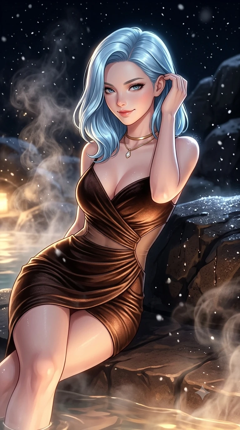 score_9, masterpiece, best quality, ultra-detailed, high-budget anime keyframe, semi-realistic 3D game render, editorial fashion photography, tasteful artistic composition, Korean woman. close-up cowboy shot from the waist and thighs up, the character dominates the composition, filling the frame with her large presence. gently brushing a lock of glossy hair behind her ear while casting a playful, flirtatious side-gaze with long eyelashes through the rising steam while reclining on the warm stone ledge with one leg extended, her sculpted silhouette and flat midriff radiating magnetic nocturnal glamour. The surrounding environment is rendered in vivid detail and crisp panoramic clarity: intricate steam wisps curling in sub-zero air, glistening moisture on basalt boulders, and crisp falling snowflakes in razor-sharp detail. She has an exceptionally elegant, slender, and willowy female figure with an ultra-slim waist, flat toned midriff, narrow ribcage, and sculpted feminine hips creating an alluring, slim hourglass silhouette without bulk. sharp v-shaped jawline, high-bridge nose, sparkling eyes with hypnotic seductive depth, thick curled eyelashes, glossy parted lips with a natural dewy peach sheen, alluring bedroom-eyes with an enchanting coquettish smile, exuding magnetic siren charisma and sophisticated glamour, flawlessly proportioned anatomical accuracy, strict slender model proportions, natural body alignment, perfectly sculpted long slender limbs, ultra-slim waistline, clean dynamic posture without body distortion. wearing a deep sweetheart-neckline velvet bodycon dress with sheer side-torso cutouts accentuating her hourglass curves in sultry espresso bronze and metallic copper, spun from ultra-soft fine-gauge Mongolian cashmere with a tactile dewy softness, finished with a minimalist gold choker and a single teardrop diamond pendant, the high-slit wrap tailoring accentuating her ultra-slim waistline and the enchanting curve of her feminine hips with alluring seductive charm. illuminated by rising steam particle light scatter and sharp platinum rim lights sculpting her jawline, flat midriff, and hourglass hips. highly saturated vibrant anime colors, detailed shading with soft gradients, rich glossy textures, high-contrast stereoscopic depth, volumetric dynamic lighting, master piece, 9:16 ratio