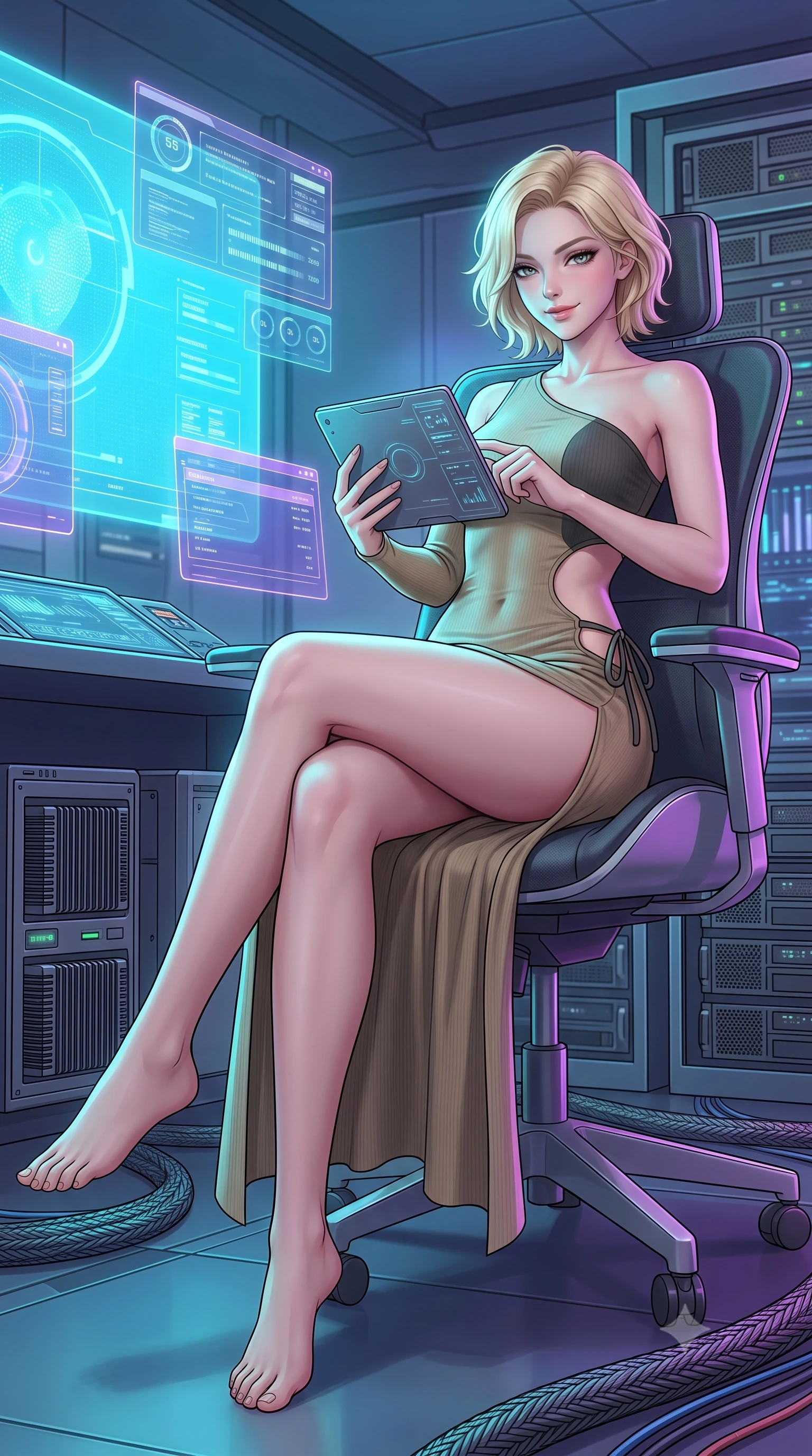 score_9, masterpiece, best quality, ultra-detailed, high-budget anime keyframe, semi-realistic 3D game render, editorial fashion photography, tasteful artistic composition, Caucasian woman. low angle full-body shot from head to toe showing her feet, filling the entire 9:16 vertical frame with her statuesque presence, stretching her vertical silhouette. lounging on the lavish daybed with legs crossed and hips angled toward the camera, displaying her toned midriff and long slender limbs with effortless siren poise while lounging in the swivel ergonomic command chair with legs crossed, holding a micro-tablet with effortless sovereign hacker authority. The surrounding environment is rendered in vivid detail and crisp panoramic clarity: sharp holographic UI typography, server rack heat sink grilles, and braided fiber-optic cable textures in deep focus. She has an absolutely perfect, statuesque 8.5-heads proportion, an exceptionally tall and slender model-like female figure with impossibly long slender legs, an ultra-slim waist, a flat toned midriff, narrow delicate ribcage, and beautifully sculpted feminine hips creating a graceful, slim hourglass silhouette without any bulky heaviness. sharp v-shaped jawline, high-bridge nose, sparkling eyes with hypnotic seductive depth, thick curled eyelashes, glossy parted lips with a natural dewy peach sheen, alluring bedroom-eyes with an enchanting coquettish smile, exuding magnetic siren charisma and sophisticated glamour, flawlessly proportioned anatomical accuracy, strict slender model proportions, natural body alignment, perfectly sculpted long slender limbs, ultra-slim waistline, clean dynamic posture without body distortion. wearing an asymmetric one-shoulder liquid jersey dancer gown with dramatic hip-high slit and waist cutout in tactical desert sand khaki and matte carbon grey, tailored from fine ribbed modal knit with gentle elastic contouring and soft hand-feel, finished with fine criss-cross lace-up side ties revealing tantalizing glimpses of her hip curve, the liquid-tight tailored fabric clinging flawlessly to her narrow waist and rounded feminine hips, emphasizing every millimeter of her sculpted slim hourglass curves without any bulky heaviness. bathed in dynamic cyan and ultraviolet illumination radiating from giant holographic displays. highly saturated vibrant anime colors, detailed shading with soft gradients, rich glossy textures, high-contrast stereoscopic depth, volumetric dynamic lighting, master piece, 9:16 ratio
