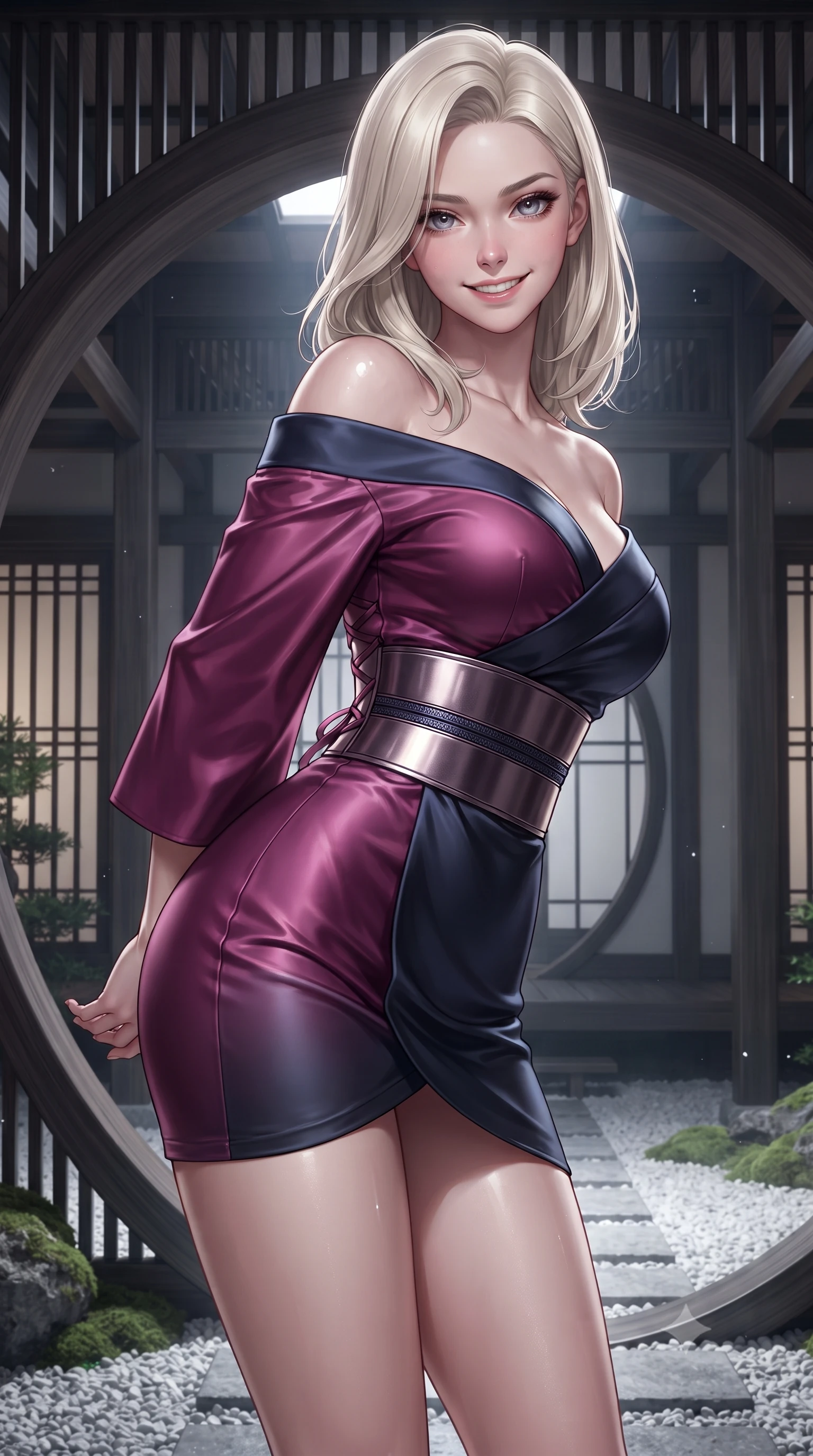 score_9, masterpiece, best quality, ultra-detailed, high-budget anime keyframe, editorial fashion photography, tasteful artistic composition, Caucasian woman. close-up cowboy shot from the waist and thighs up, the character dominates the composition, filling the frame with her large presence. resting both hands lightly behind her back while leaning toward the lens with a cheerful, teasing grin, her form-fitting fusion dress hugging her narrow waist and hip curve while leaning against the circular timber frame with hips cocked back, looking into the lens with an enchanting, tranquil bedroom-gaze. The surrounding environment is rendered in vivid detail and crisp panoramic clarity: detailed raw silk fabric sheen, moonlight specular highlights on skin, and classical Zen temple architecture in razor-sharp precision. She has an exceptionally elegant, slender, and willowy female figure with an ultra-slim waist, flat toned midriff, narrow ribcage, and sculpted feminine hips creating an alluring, slim hourglass silhouette without bulk. sharp v-shaped jawline, high-bridge nose, intricate jewel-like dark sparkling almond eyes with depth, thick lashes, glossy parted lips with a natural rose-plum sheen, bright alluring and coquettish smile with bedroom-eyes, exuding both timeless oriental elegance and sovereign high-fashion allure, flawlessly proportioned anatomical accuracy, strict slender model proportions, natural body alignment, perfectly sculpted long slender limbs, ultra-slim waistline, clean dynamic posture without body distortion. wearing an asymmetric off-shoulder cyber-kimono mini dress with a wide metallic obi corset belt accentuating her narrow waist in deep lotus magenta and matte midnight navy, crafted from heavy fluid silk satin with a liquid mirror-like sheen, finished with criss-cross back satin laces tracing her slender spine, the liquid-tight tailored silk fabric clinging flawlessly to her narrow waist and rounded feminine hips, emphasizing every millimeter of her sculpted slim hourglass curves without any bulky heaviness. illuminated by white gravel bounce fill and sharp crystalline platinum rim lighting sculpting her razor-sharp jawline, narrow waist, and curvy hips. ultra-reflective glossy finish, specular highlights, rich textural contrasts, high-contrast stereoscopic depth, volumetric dynamic lighting, 2k, ultra detail, master piece, 9:16 ratio