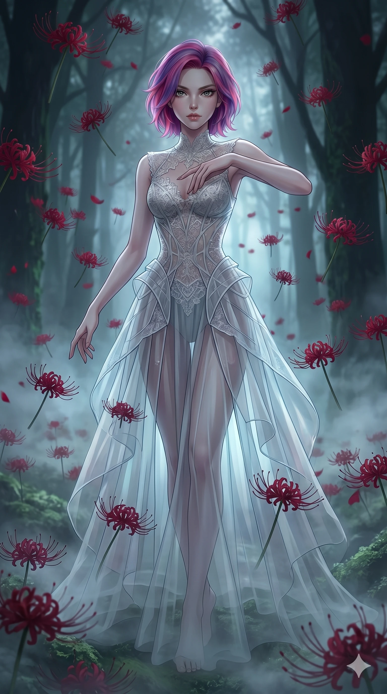 score_9, masterpiece, best quality, ultra-detailed, High-budget Anime Keyframe, East Asian woman. Low angle cowboy shot filling the entire 9:16 frame with her statuesque presence. Scenario 285: Dancing amidst falling red spider lilies in a misty dark forest. Her presence is magnetic and overpowering in this high-budget anime scene. Outfit 285: A delicate lace-layered bodice with a translucent architectural overlays and translucent layers. The clothing is designed to emphasize her exceptionally tall and slender 8-heads proportion. 8-heads proportion, towering silhouette, ultra-slim waist. sharp v-shaped jawline, intricate jewel-like eyes with depth, thick eyelashes, glossy lips. 2k, ultra detail, master piece, 9:16 ratio