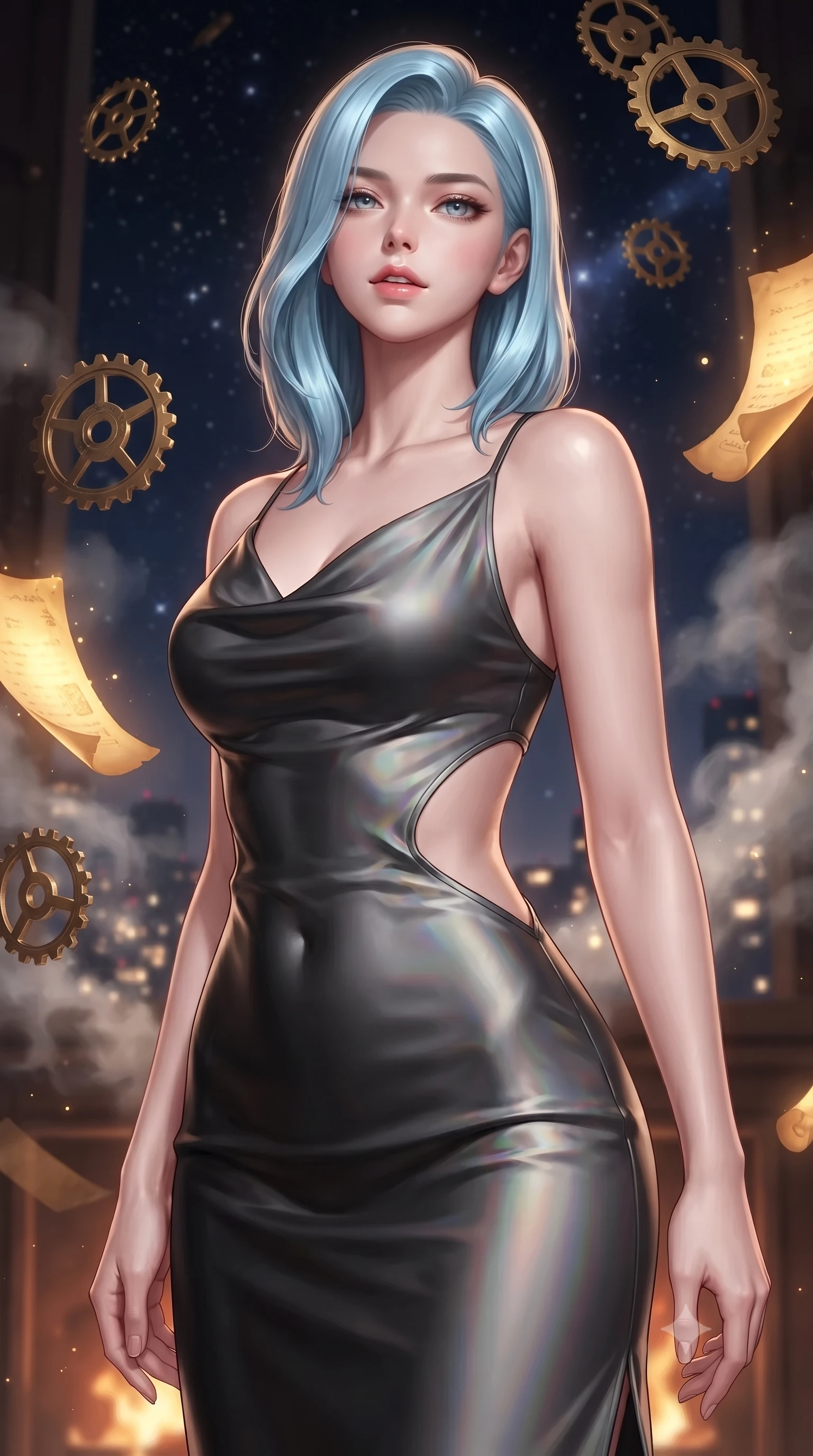 score_9, masterpiece, best quality, ultra-detailed, high-budget anime keyframe, editorial fashion photography, tasteful artistic composition, Korean woman. close-up cowboy shot from the waist and thighs up, the character dominates the composition, filling the frame with her large presence, background elements kept in soft focus. Tilting her chin up slightly with lips parted in a magnetic, composed expression surrounded by floating antique brass gears and glowing golden parchment scrolls, distant starlight and city lights twinkling through steam clouds. She has an exceptionally elegant, slender, and willowy female figure with an ultra-slim waist, a gracefully sculpted slender torso, and a refined silhouette. sharp v-shaped jawline, high-bridge nose, intricate jewel-like eyes with depth, thick eyelashes, glossy lips with a natural sheen. wearing an elegant cowl-neck satin midi dress with a draped neckline in matte black and polished silver, crafted from iridescent chiffon that shifts colors in the light, featuring clean architectural cutouts along her slender torso, the glove-like fit emphasizing her statuesque silhouette. surrounded by warm hearth light and dramatic bronze rim highlights. ultra-reflective glossy finish, specular highlights, metallic sheen, high-contrast stereoscopic depth, volumetric dynamic lighting, 2k, ultra detail, master piece, 9:16 ratio