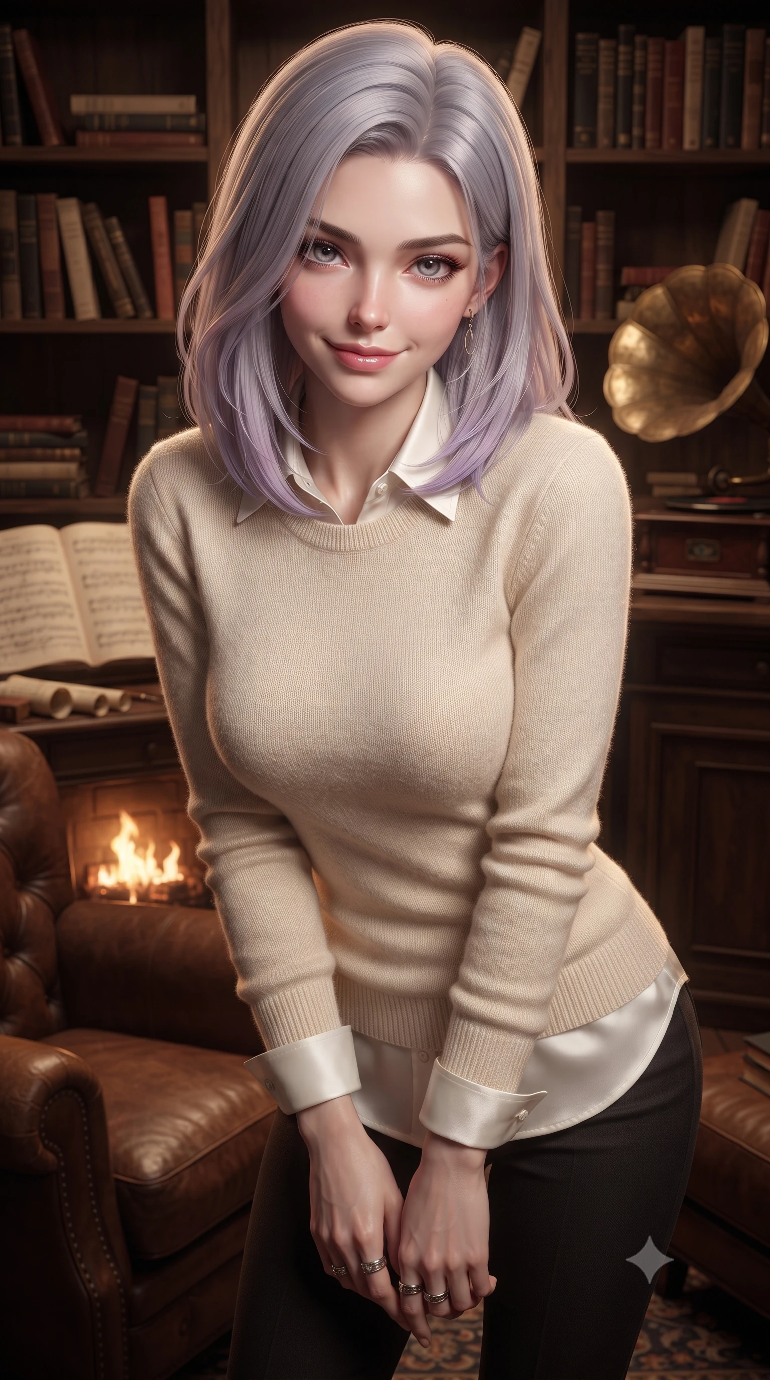 score_9, masterpiece, best quality, ultra-detailed, high-budget anime keyframe, editorial fashion photography, tasteful artistic composition, Caucasian woman. close-up cowboy shot from the waist and thighs up, the character dominates the composition, filling the frame with her large presence, background elements kept in soft focus. leaning slightly forward with a playful, teasing smile, her gaze locked onto the viewer the background shows a soft-focus the private study of a theater director with leather chairs and music sheets. She has an exceptionally elegant, slender, and willowy female figure with an ultra-slim waist, a gracefully sculpted slender torso, and a refined silhouette. sharp v-shaped jawline, high-bridge nose, intricate jewel-like eyes with depth, thick eyelashes, glossy lips with a natural sheen. wearing a body-hugging comfortable cream cashmere knit sweater worn over a white silk button-down shirt and relaxed slacks. warm fireplace light casting cozy, intimate shadows on the wooden shelves. ultra-reflective glossy finish, specular highlights, metallic sheen, high-contrast stereoscopic depth, volumetric dynamic lighting, 2k, ultra detail, master piece, 9:16 ratio
