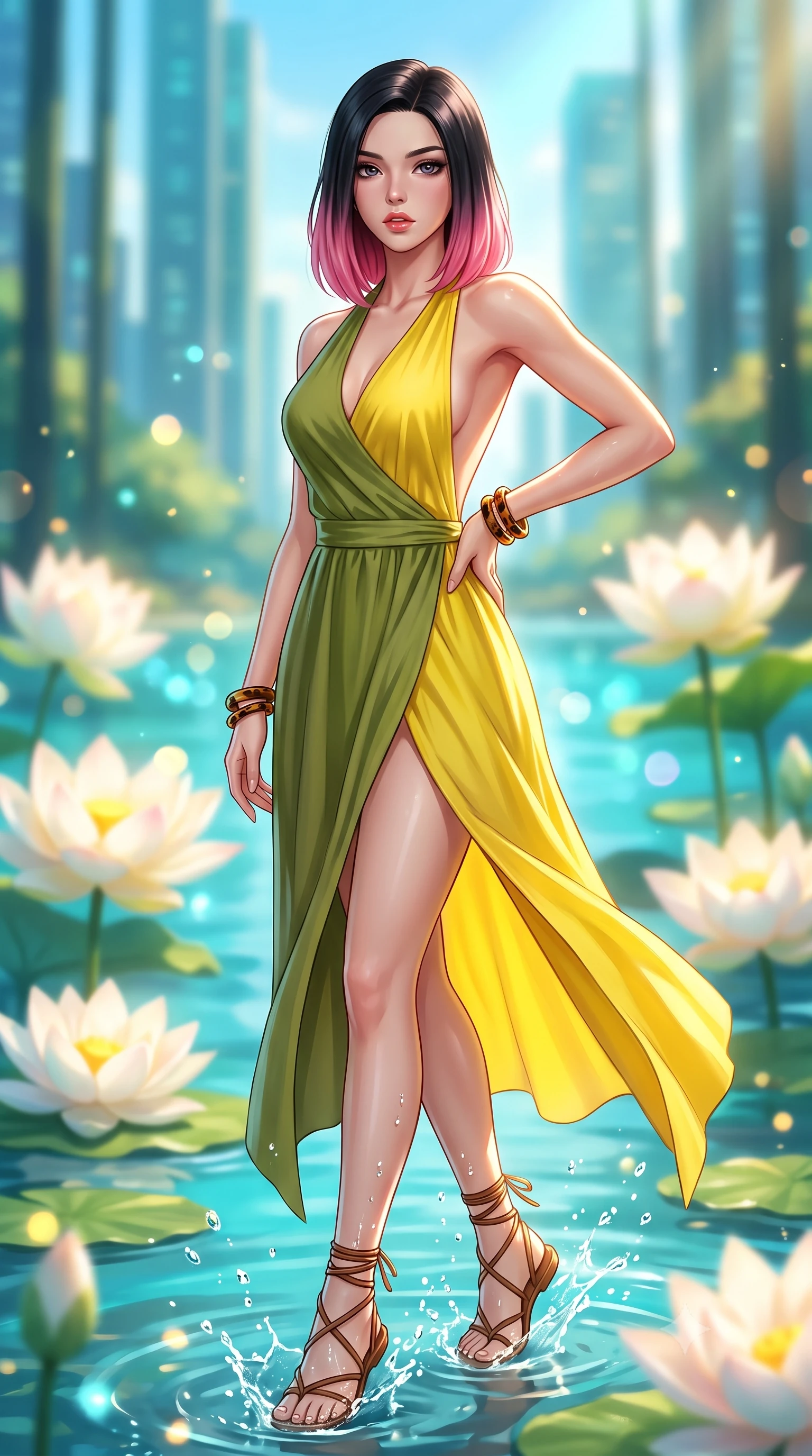 score_9, masterpiece, best quality, ultra-detailed, high-budget anime keyframe, semi-realistic 3D game render, editorial fashion photography, tasteful artistic composition, Korean woman. close-up cowboy shot from the waist and thighs up, the character dominates the composition, filling the frame with her large presence. arching her spine in an alluring serpentine S-curve, one hand resting on her waist with parted glossy lips and an intensely magnetic gaze while wading lightly into the shallow lotus pool, water splashing around her slender ankles in glittering droplets. The composition keeps background elements in soft focus with creamy bokeh. giant floating lotus blossoms and distant vertical forest skyscrapers blurred into crystalline turquoise, gold, and azure bokeh. She has an exceptionally elegant, slender, and willowy female figure with an ultra-slim waist, a gracefully sculpted slender torso, toned flat midriff, and a refined slim silhouette. sharp v-shaped jawline, high-bridge nose, intricate jewel-like eyes with depth, thick eyelashes, glossy parted lips with a natural sheen, intensely captivating and seductive expression, flawlessly proportioned anatomical accuracy, strict slender model proportions, natural body alignment, perfectly sculpted long slender limbs, ultra-slim waistline, clean dynamic posture without body distortion. wearing a sun-drenched halter wrap dress with a daring open back and breezy high side slit in olive leaf green and bright solar yellow, tailored from crisp structured cotton poplin with organic dye, accessorized with minimalist leather wrap sandals and tortoise shell bangles, the relaxed yet flattering fit accentuating her naturally graceful and slender figure, highlighting her tall statuesque proportions. surrounded by a fresh, captivating, and delightfully invigorating summer muse aura. highly saturated vibrant anime colors, detailed shading with soft gradients, rich glossy textures, high-contrast stereoscopic depth, volumetric dynamic lighting, master piece, 9:16 ratio