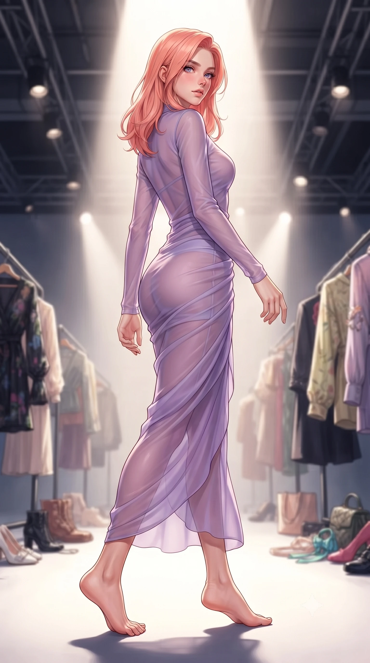score_9, masterpiece, best quality, ultra-detailed, high-budget anime keyframe, editorial fashion photography, tasteful artistic composition, Japanese woman. low angle full-body shot from head to toe showing her feet, filling the entire 9:16 vertical frame with her statuesque presence, stretching her vertical silhouette. stepping gracefully while looking back over her shoulder, her dress draped tightly to reveal her silhouette the background shows a soft-focus an avant-garde fashion runway backstage with industrial lighting rigs and clothing racks. She has an absolutely perfect, statuesque 8.5-heads proportion, an exceptionally tall and slender model-like female figure with impossibly long slender legs and an ultra-slim waist. sharp v-shaped jawline, high-bridge nose, intricate jewel-like eyes with depth, thick eyelashes, glossy lips with a natural sheen. wearing a slim-fit semi-transparent chiffon maxi dress in lavender, showing her silhouette through the sheer fabric. dramatic high-contrast spotlighting casting sharp back shadows. highly saturated vibrant anime colors, detailed shading with soft gradients, rich glossy textures, high-contrast stereoscopic depth, volumetric dynamic lighting, master piece, 9:16 ratio