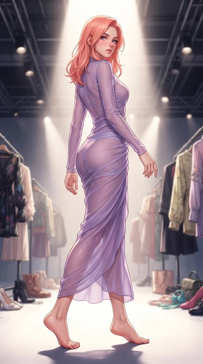 score_9, masterpiece, best quality, ultra-detailed, high-budget anime keyframe, editorial fashion photography, tasteful artistic composition, Japanese woman. low angle full-body shot from head to toe showing her feet, filling the entire 9:16 vertical