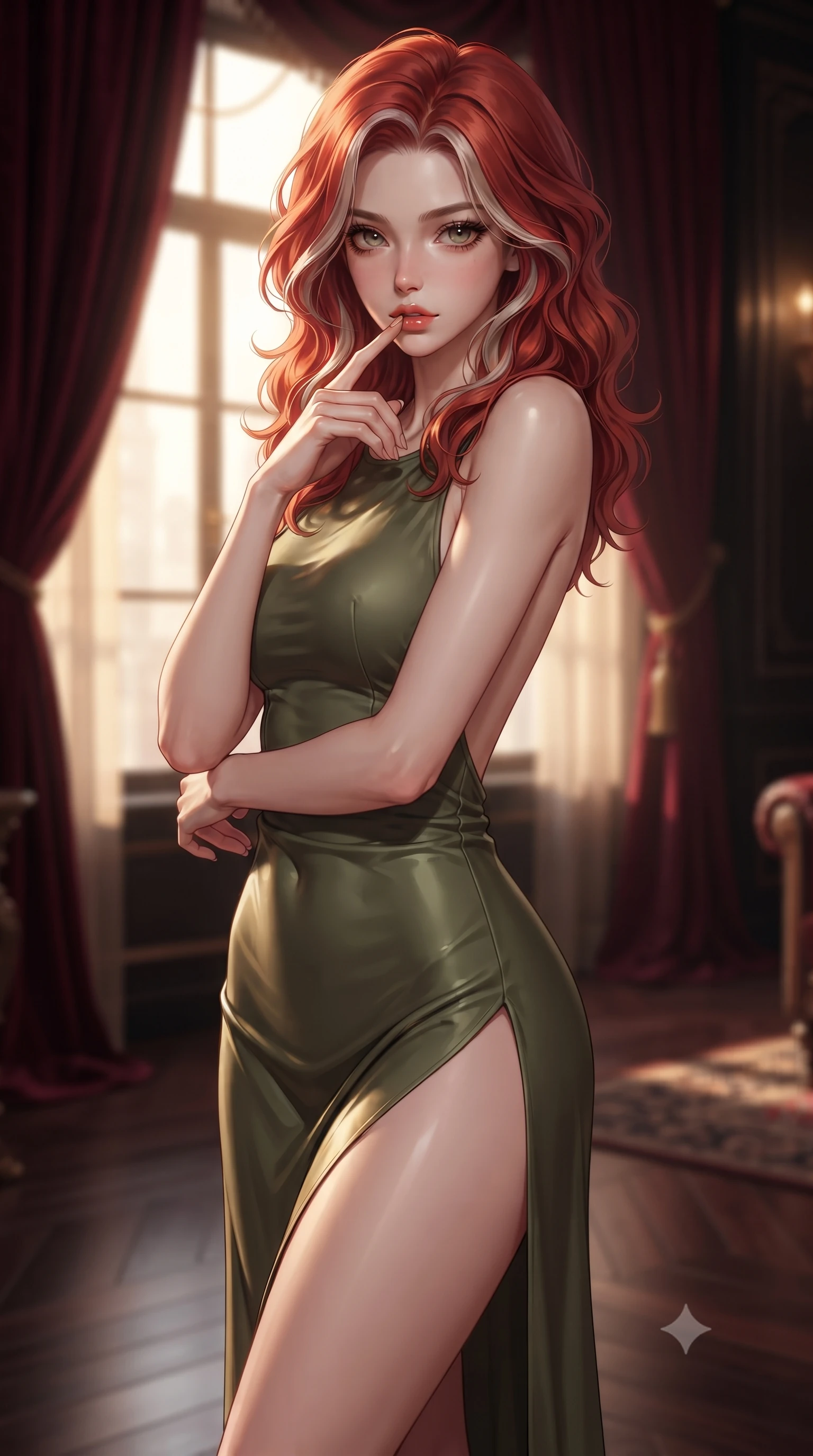 score_9, masterpiece, best quality, ultra-detailed, high-budget anime keyframe, editorial fashion photography, tasteful artistic composition, Caucasian woman. close-up cowboy shot from the waist and thighs up, the character dominates the composition, filling the frame with her large presence, background elements kept in soft focus. pressing one finger to her bottom lip in a thoughtful, seductive gesture under the warm sun the background shows a soft-focus a luxury gothic penthouse suite with crimson velvet curtains and dark mahogany floor. She has an exceptionally elegant, slender, and willowy female figure with an ultra-slim waist, a gracefully sculpted slender torso, and a refined silhouette. sharp v-shaped jawline, high-bridge nose, intricate jewel-like eyes with depth, thick eyelashes, glossy lips with a natural sheen. wearing a form-contouring dramatic open-back maxi dress in olive green, featuring a high thigh slit. focused warm spotlights creating a premium, mysterious atmosphere. ultra-reflective glossy finish, specular highlights, metallic sheen, high-contrast stereoscopic depth, volumetric dynamic lighting, 2k, ultra detail, master piece, 9:16 ratio