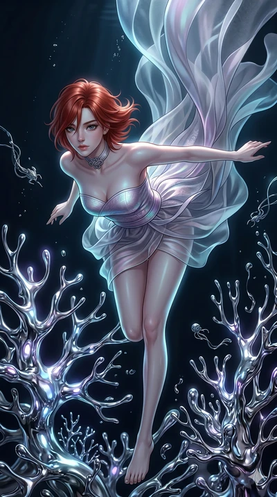 score_9, masterpiece, best quality, ultra-detailed, high-budget anime keyframe, Korean woman. upper body close-up from the thighs up, character filling the screen for maximum presence. diving through a bionic fluid mercury reef where self-replicating