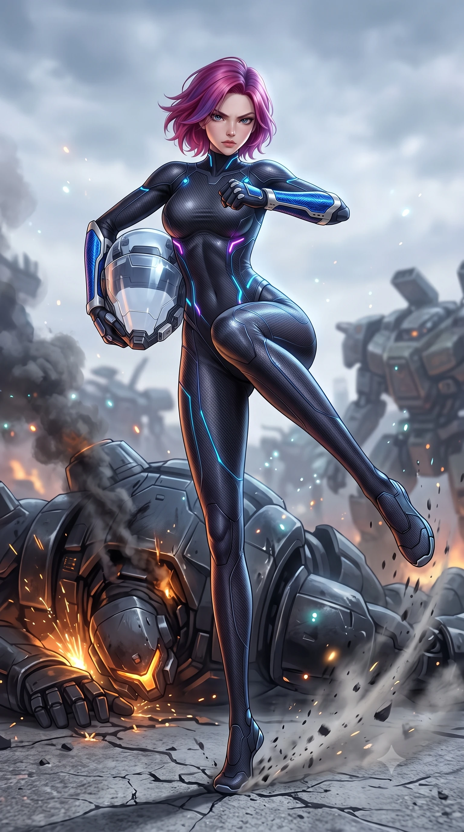 score_9, masterpiece, best quality, ultra-detailed, high-budget anime keyframe, semi-realistic 3D game render, editorial fashion photography, tasteful artistic composition, Caucasian woman. low angle full-body shot from head to toe showing her feet, filling the entire 9:16 vertical frame with her statuesque presence, stretching her vertical silhouette. pivoting dynamically in a high-speed low sweep kick along the cracked concrete, her athletic torso and ultra-slim waist twisting in a fluid arc of power while standing victorious atop the smoking armored carapace of a defeated colossal war-mech, holding her opened modular helmet under one arm. The composition keeps background elements in soft focus with creamy bokeh. sparkling coolant mist and glowing status LEDs scattering soft light motes across a battleground backdrop. She has an absolutely perfect, statuesque 8.5-heads proportion, an exceptionally tall and slender model-like female figure with impossibly long slender legs, a toned flat midriff, and an ultra-slim waist. sharp v-shaped jawline, high-bridge nose, intricate jewel-like eyes with depth, thick eyelashes, glossy lips with a natural sheen, fierce and resolute heroine expression, flawlessly proportioned anatomical accuracy, strict slender model proportions, natural body alignment, perfectly sculpted long slender limbs, ultra-slim waistline, clean dynamic posture without body distortion. wearing a crystal-clear transparent armored riot-visor helmet showing her entire beautiful face and determined expression with pristine clarity, paired with a skin-tight dark carbon-weave combat bodysuit with glowing neon energy conduits and reinforced Damascus-pattern forearm strike guards in electric cobalt blue carbon with brushed platinum tactical trim, crafted from semi-translucent cybernetic carbon-vinyl interwoven with glowing micro-filaments, detailed with kinetic shock-dampening knuckle guards and polished chrome connection joints, the form-contouring material adhering flawlessly to her sculpted flat midriff and slender torso, emphasizing her long leg lines and perfectly proportioned willowy build. bathed in glowing amber reactor fire uplights and cool overcast skylight fill. rich saturated anime colors with glowing neon highlights, detailed shading with soft gradients, rich glossy textures, high-contrast stereoscopic depth, volumetric dynamic lighting, master piece, 9:16 ratio