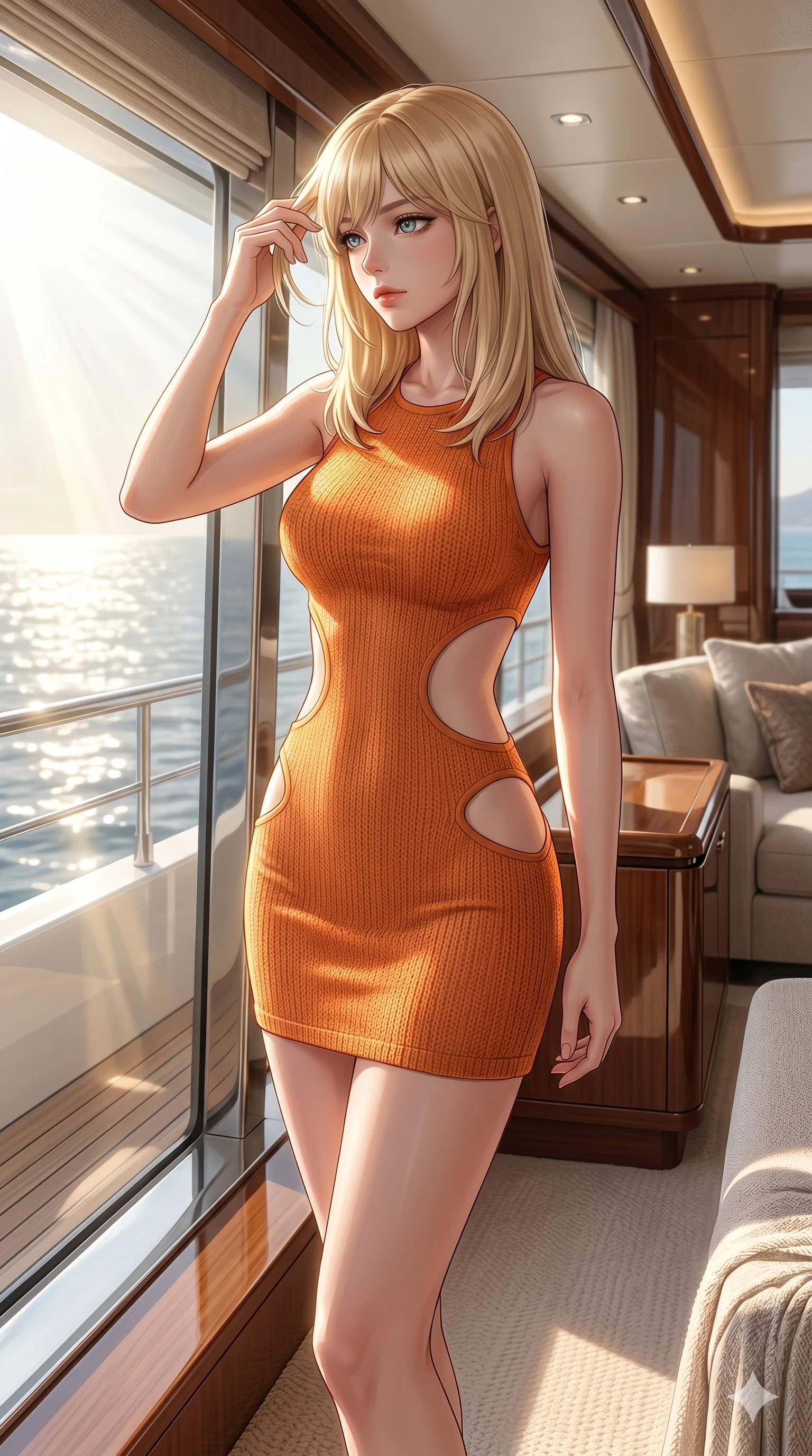 score_9, masterpiece, best quality, ultra-detailed, high-budget anime keyframe, editorial fashion photography, tasteful artistic composition, Japanese woman. cowboy shot from the thighs up, character and outfit filling the frame for maximum editorial presence. wiping a lock of hair from her forehead, her expression cool and contemplative as she turns her head inside a private yacht cabin lounge with a large window showing the sunbeams reflecting off the ocean (Code-P129). She has an absolutely perfect 8-heads proportion, an exceptionally tall and slender female figure with impossibly long slender legs and an ultra-slim waist. V-shaped jawline, high-bridge nose, intricate jewel-like eyes with depth, thick eyelashes, glossy lips with a natural sheen. wearing a skin-tight orange knit dress with strategic curved cutouts at the waist and hip. bathed in soft morning sunbeams flowing into the room, creating a bright, glowing atmosphere. 2k, ultra detail, master piece, 9:16 ratio