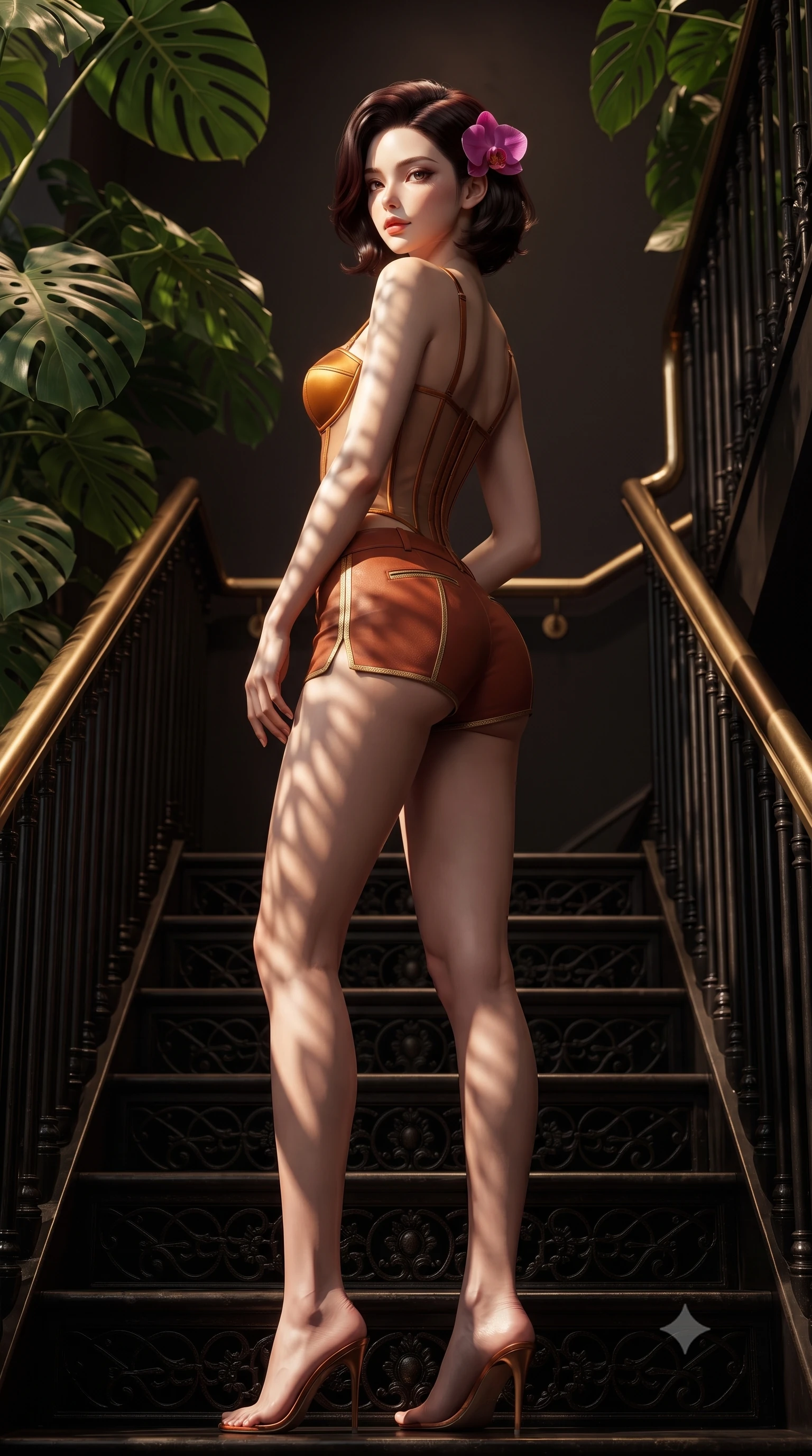 score_9, masterpiece, best quality, ultra-detailed, high-budget anime keyframe, editorial fashion photography, tasteful artistic composition, Korean woman. low angle full-body shot from head to toe showing her feet, filling the entire 9:16 vertical frame with her statuesque presence, stretching her vertical silhouette. executing a slow, graceful pivot turn as her skirt sways around her slender legs, glancing back with an enchanting, teasing sensual expression while twisting her slender torso in an alluring contrapposto stance, dramatic leaf-shadow patterns dancing across her narrow waist and hips. The surrounding environment is rendered in vivid detail and crisp panoramic clarity: sharp perforated monstera leaf edges, cast-iron stair tread filigree patterns, and brass handrail polish in deep focus. She has an absolutely perfect, statuesque 8.5-heads proportion, an exceptionally tall and slender model-like female figure with impossibly long slender legs, an ultra-slim waist, a flat toned midriff, narrow delicate ribcage, and beautifully sculpted feminine hips creating a graceful, slim hourglass silhouette without any bulky heaviness. sharp v-shaped jawline, high-bridge nose, sparkling eyes with hypnotic seductive depth, thick curled eyelashes, glossy parted lips with a natural dewy peach sheen, alluring bedroom-eyes with an enchanting coquettish smile, exuding magnetic siren charisma and sophisticated glamour, flawlessly proportioned anatomical accuracy, strict slender model proportions, natural body alignment, perfectly sculpted long slender limbs, ultra-slim waistline, clean dynamic posture without body distortion. wearing a structured boned satin corset bodice with sheer illusion side panels paired with low-waisted tailored micro-shorts in warm amber honey and antique terracotta with gilded bronze, woven from buttery-soft stretch lambskin leather adhering to her body like a second skin, accented with a fresh-bloomed exotic magenta orchid tucked gracefully into her dark glossy hair, the second-skin tailored fabric adhering flawlessly to her sculpted flat midriff and slender torso, emphasizing her long leg lines and perfectly proportioned willowy build. illuminated by leaf surface specular bounce and sharp warm-amber rim lights sculpting her jawline, flat midriff, and voluptuous hip curves. ultra-reflective glossy finish, specular highlights, rich textural contrasts, high-contrast stereoscopic depth, volumetric dynamic lighting, 2k, ultra detail, master piece, 9:16 ratio