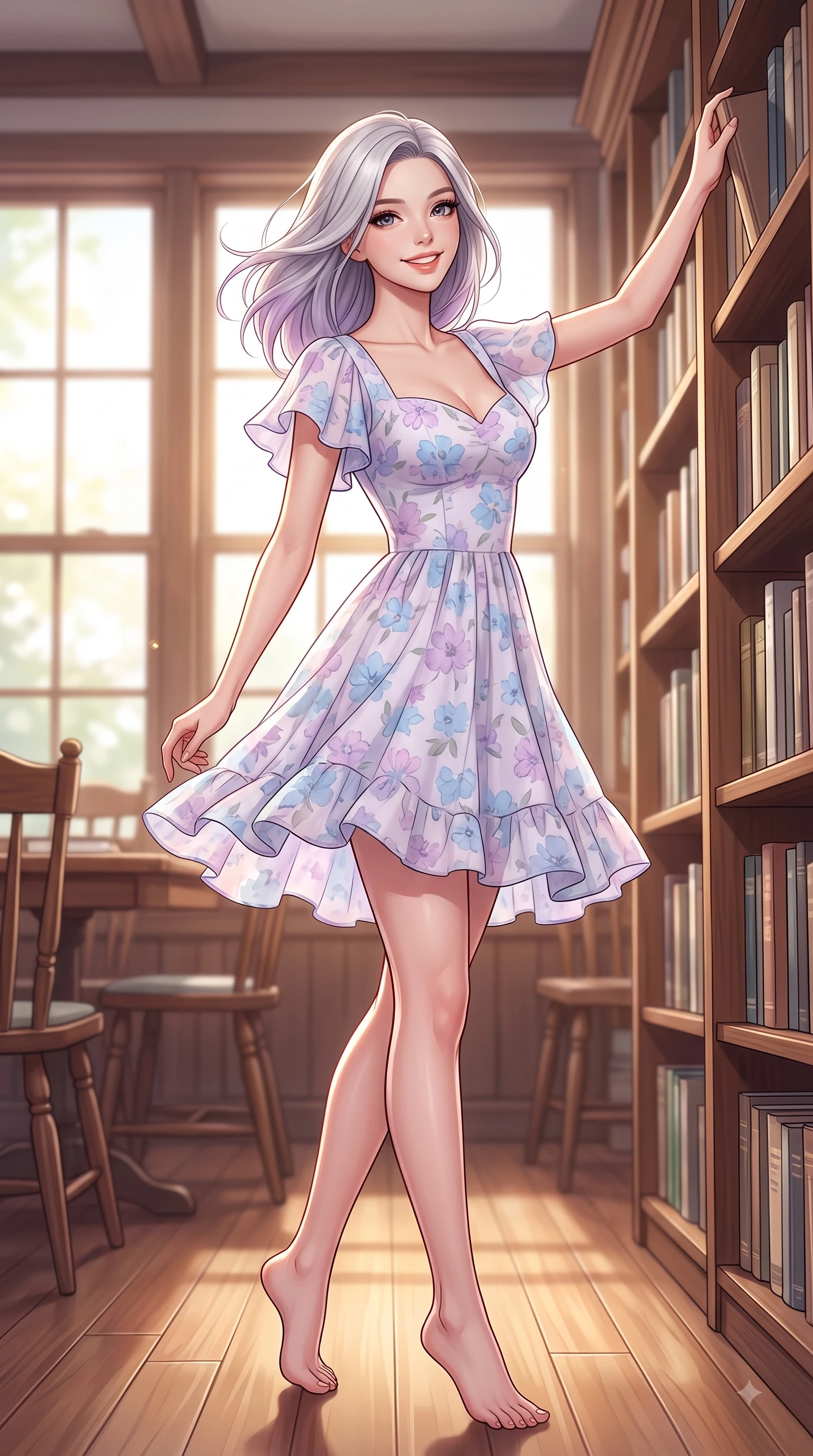 score_9, masterpiece, best quality, ultra-detailed, high-budget anime keyframe, editorial fashion photography, tasteful artistic composition, Caucasian woman. low angle full-body shot from head to toe showing her feet, filling the entire 9:16 vertical frame with her statuesque presence, stretching her vertical silhouette. performing a cheerful mid-motion turn with flawless poise, her radiant smile capturing fresh girlhood energy while browsing tall wooden bookshelves lined with colorful volumes with a curious, gentle smile. The composition keeps background elements in soft focus with dreamy bokeh. sun-drenched library windows and vintage wooden furniture softened in quiet shallow focus. She has an absolutely perfect, statuesque 8.5-heads proportion, an exceptionally tall and slender model-like female figure with impossibly long slender legs and an ultra-slim waist. sharp v-shaped jawline, high-bridge nose, intricate jewel-like eyes with depth, thick eyelashes, glossy lips with a natural sheen, flawlessly proportioned anatomical accuracy, natural body alignment, perfectly sculpted elegant limbs, clean dynamic posture without body distortion. wearing a bright floral print ruffle sundress with a gentle sweetheart neckline in soft pastel lavender and sky blue, made of fine lightweight chiffon that flutters gently in the breeze, featuring elegant flutter sleeves and a graceful square neckline, the relaxed yet flattering fit accentuating her naturally graceful and slender figure. surrounded by a cozy, serene, and healing book cafe atmosphere. highly saturated vibrant anime colors, detailed shading with soft gradients, rich glossy textures, high-contrast stereoscopic depth, volumetric dynamic lighting, master piece, 9:16 ratio