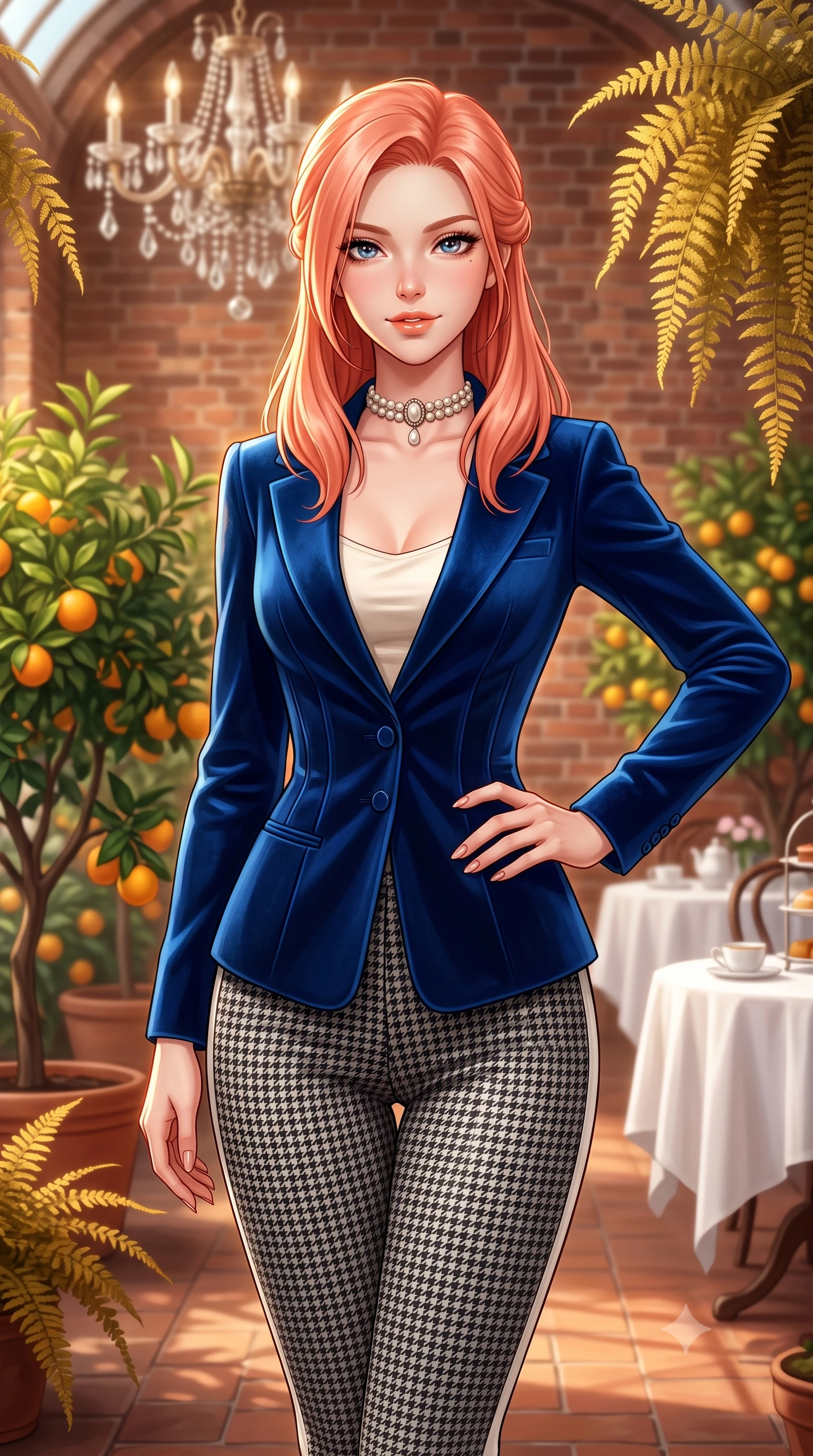 score_9, masterpiece, best quality, ultra-detailed, high-budget anime keyframe, semi-realistic 3D game render, editorial fashion photography, tasteful artistic composition, Japanese woman. close-up cowboy shot from the waist and thighs up, the character dominates the composition, filling the frame with her large presence. arching her lower back slightly with one hand resting on her sculpted hip, looking into the camera with an enchanting and coquettish smile while standing amidst potted citrus trees and cascading golden ferns inside the historic brick orangery, smiling warmly at the camera. The background shows a soft-focus antique crystal chandelier and white linen tea tables softened in royal afternoon tea shallow focus. She has an exceptionally elegant, slender, and willowy female figure with an ultra-slim waist, flat toned midriff, narrow ribcage, and sculpted feminine hips creating an alluring, slim hourglass silhouette without bulk. sharp v-shaped jawline, high-bridge nose, intricate jewel-like sparkling eyes with depth, thick eyelashes, glossy parted lips with a natural peach sheen, bright cheerful beaming smile with an enchanting and coquettish sensual glint, exuding both youthful cute charm and seductive allure, flawlessly proportioned anatomical accuracy, strict slender model proportions, natural body alignment, perfectly sculpted long slender limbs, ultra-slim waistline, clean dynamic posture without body distortion. wearing a tailored corseted velvet blazer jacket worn closed over a tight-fitting silk camisole and sleek tailored cigarette pants in classic Savile Row charcoal houndstooth and crisp ivory, made of high-gauge compact silk knit that hugs her curves with seamless sculpted precision, complemented by an antique baroque pearl choker accentuating her delicate neck and collarbones, the glove-like clinging cut tightly following the natural contour of her hips and long slender legs with youthful 8.5-heads elegance. illuminated by terracotta floor reflection fill and warm golden rim lights defining her delicate collar and willowy silhouette. highly saturated vibrant anime colors, detailed shading with soft gradients, rich glossy textures, high-contrast stereoscopic depth, volumetric dynamic lighting, master piece, 9:16 ratio